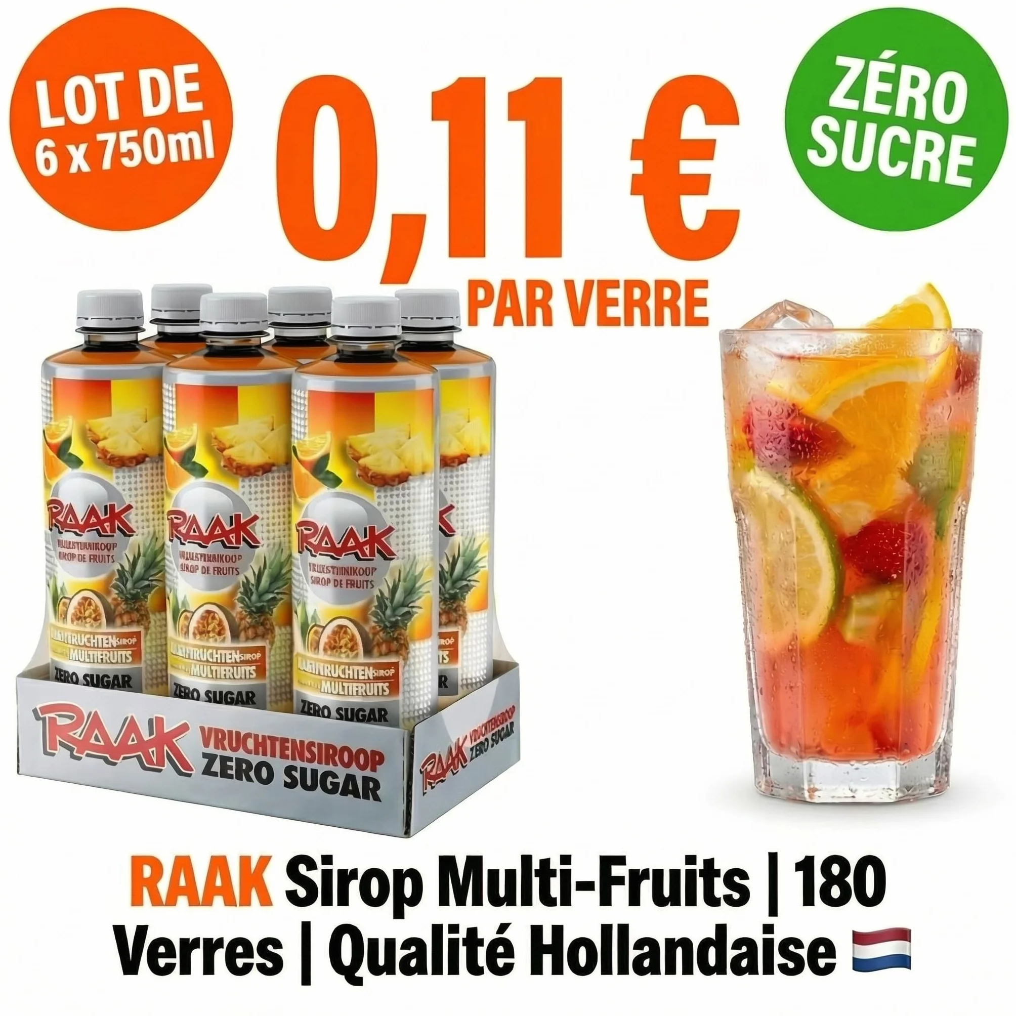 RAAK Sirop Multifruits ZERO SUCRE | 6x750ml = 180 Verres | 5 Fruits en 1 | Parfait Régimes & Familles