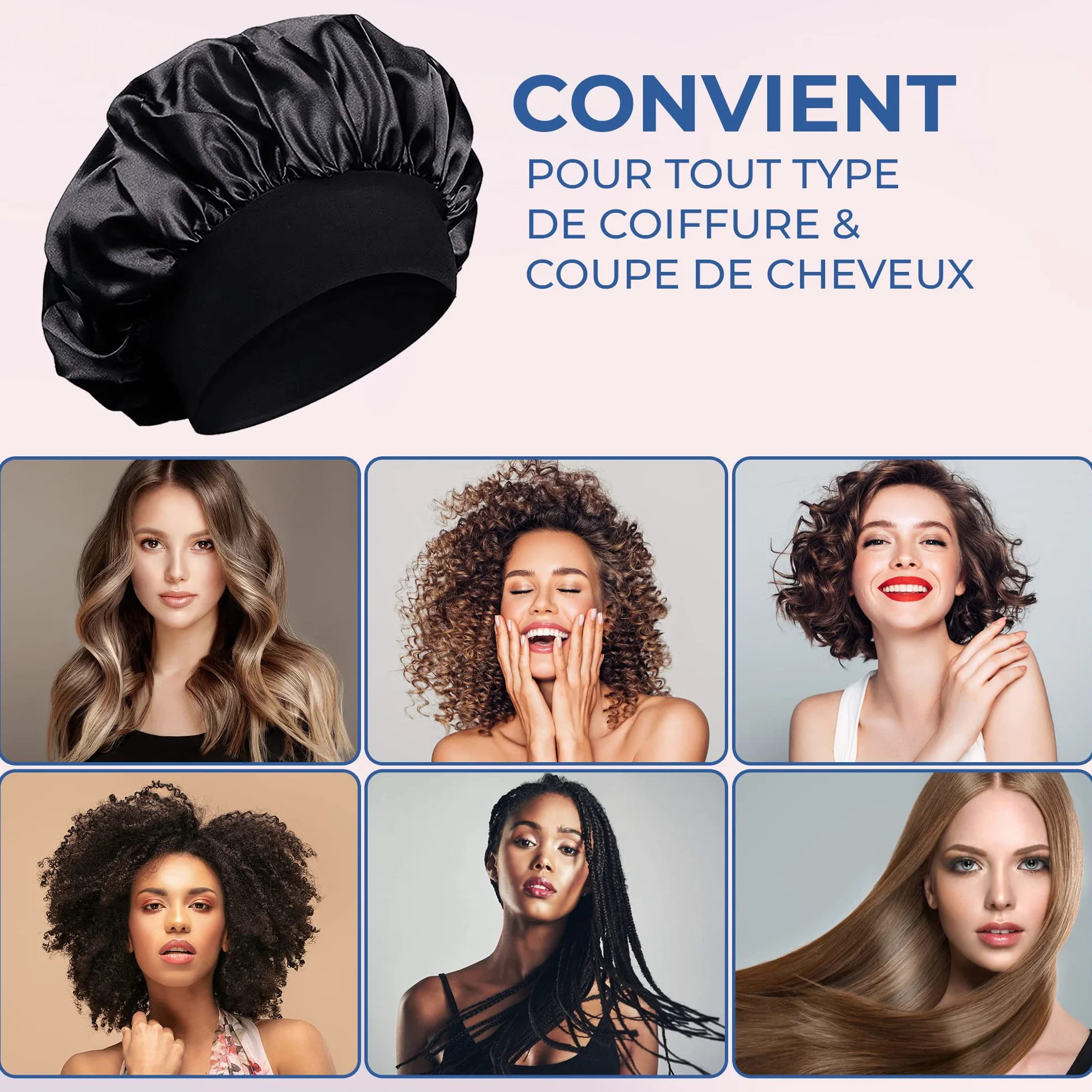 Bonnet en Satin pour Cheveux Afro - Protection de Nuit pour Femme - Noir