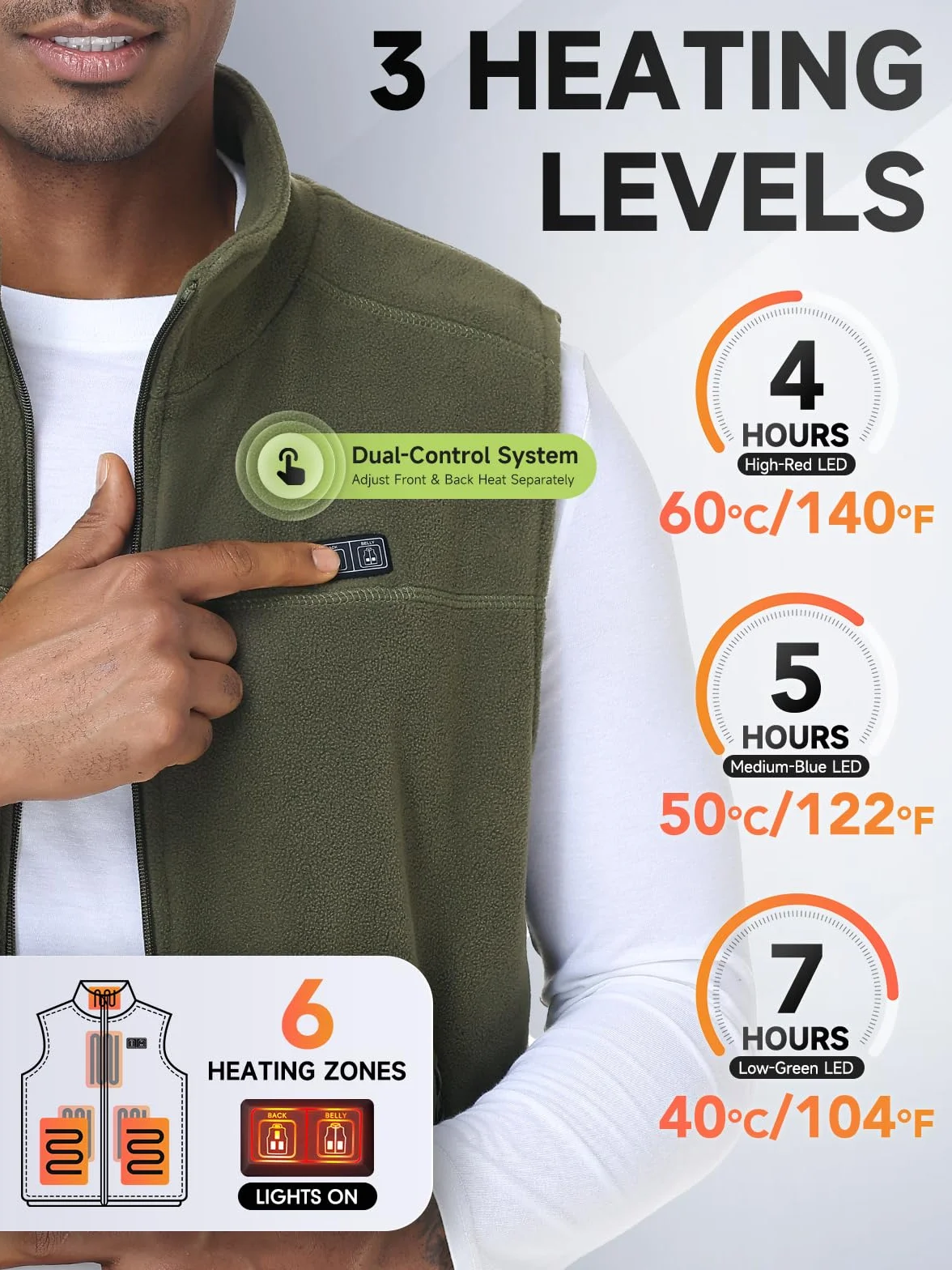 Gilet chauffant homme femme 10000mAh 5V USB micro polaire blouson chauffant avec batterie incluse manteau électrique 3 niveaux 6 zones chauffante hiver