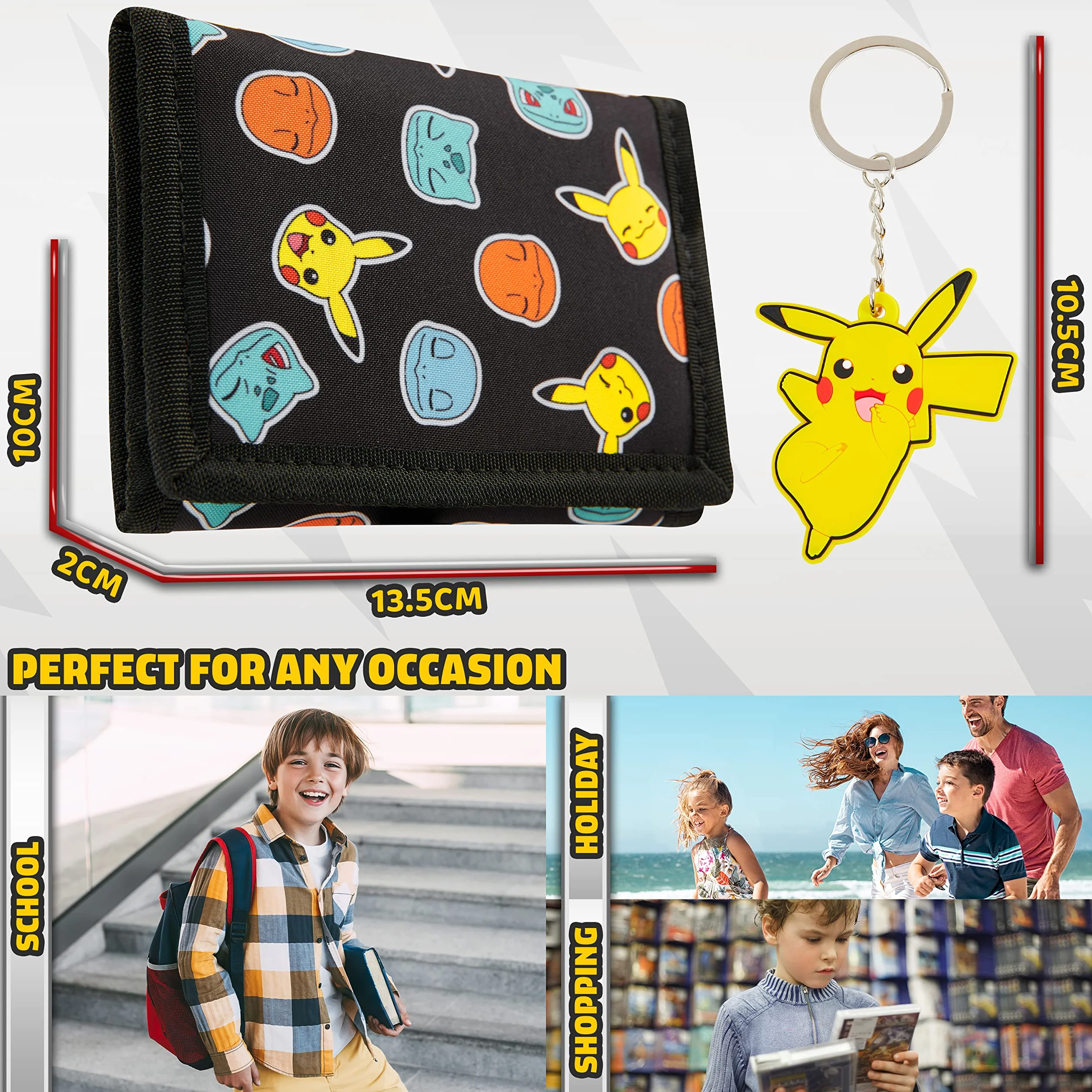Pokémon Portefeuille Enfant Trifold Toile Poche ID Zippé Porte Clés Coffret Cadeau Pikachu Noir Jaune