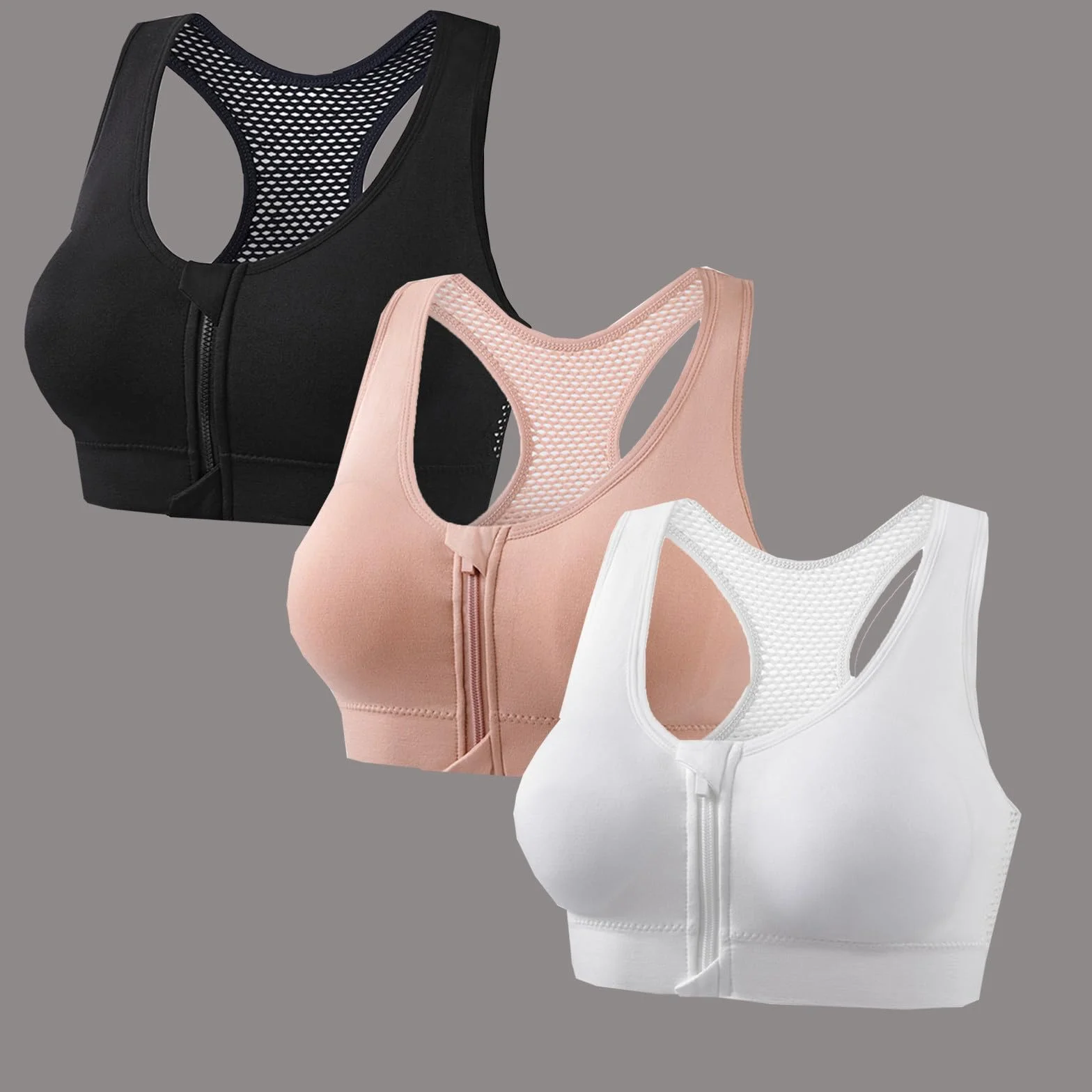 Lot de 3 Paires Soutien Gorge sans Armature Brassiere Sport Femme Maintien Fort Fermeture Devant Zippée Push Up Légère Bretelles Croisées Dos Tailles S à 4XL