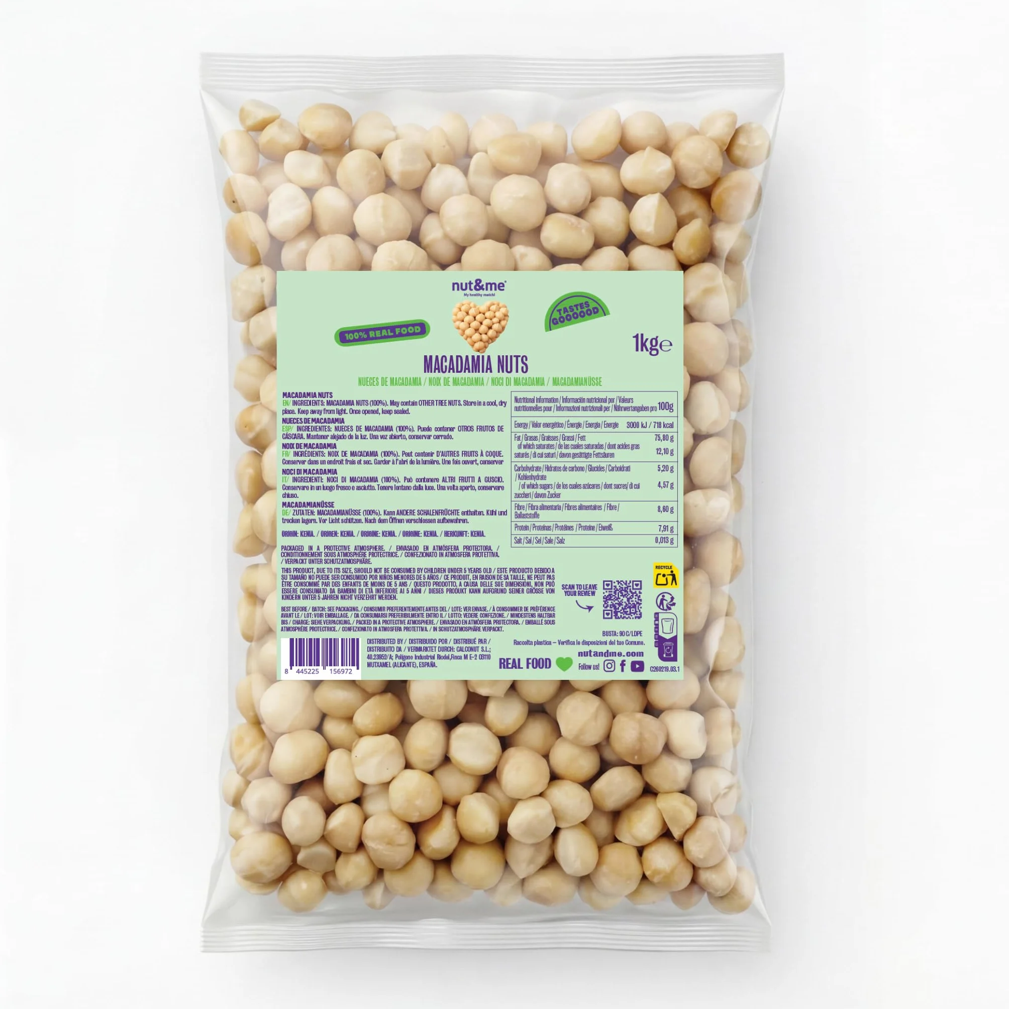nut&me Noix de Macadamia 1 kg | Noix macadamia entières, sans coque, sans gluten ni additifs | Idéales pour snack, pâtisserie, granola, salades et recettes sucrées