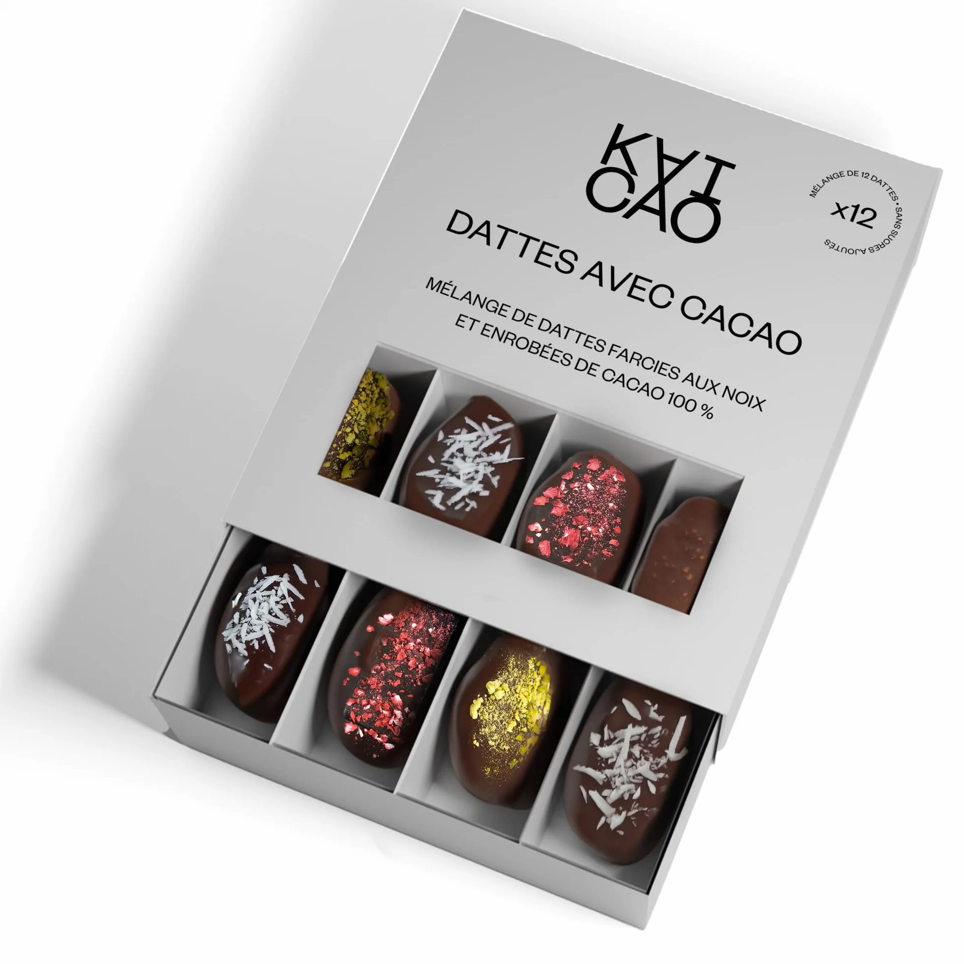 Kaicao Dattes Medjool Pack Dégustation - Noisettes, Pistaches, Noix de Cajou et Amandes - Enrobées de Chocolat 100% Cacao d’Origine Oko - Sans Sucre Ajouté - Pack de 12 Snacks Sains
