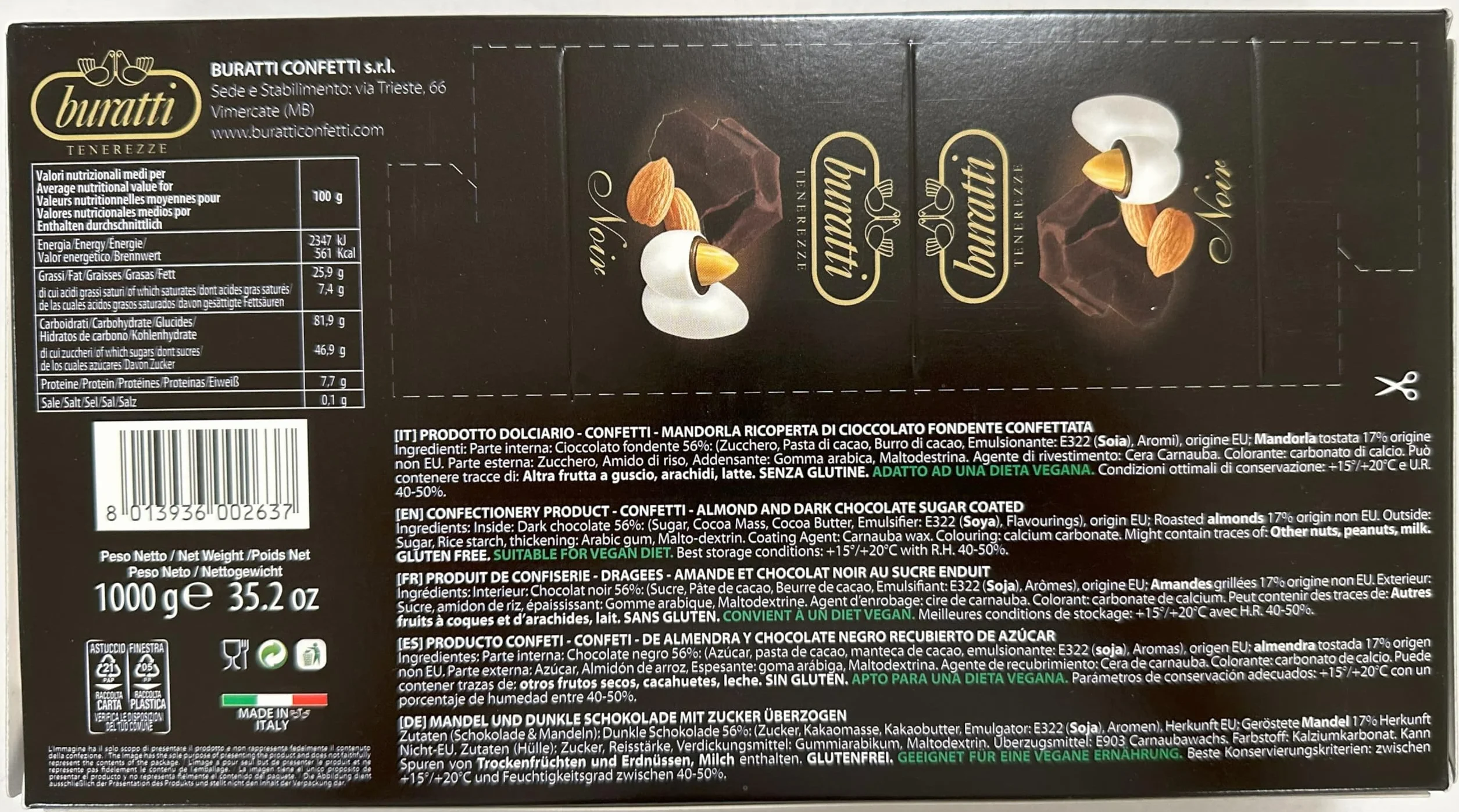 Buratti Confetti Dragées Cœur au Chocolat Extra Fondant Tendresses Noir 1 Kg