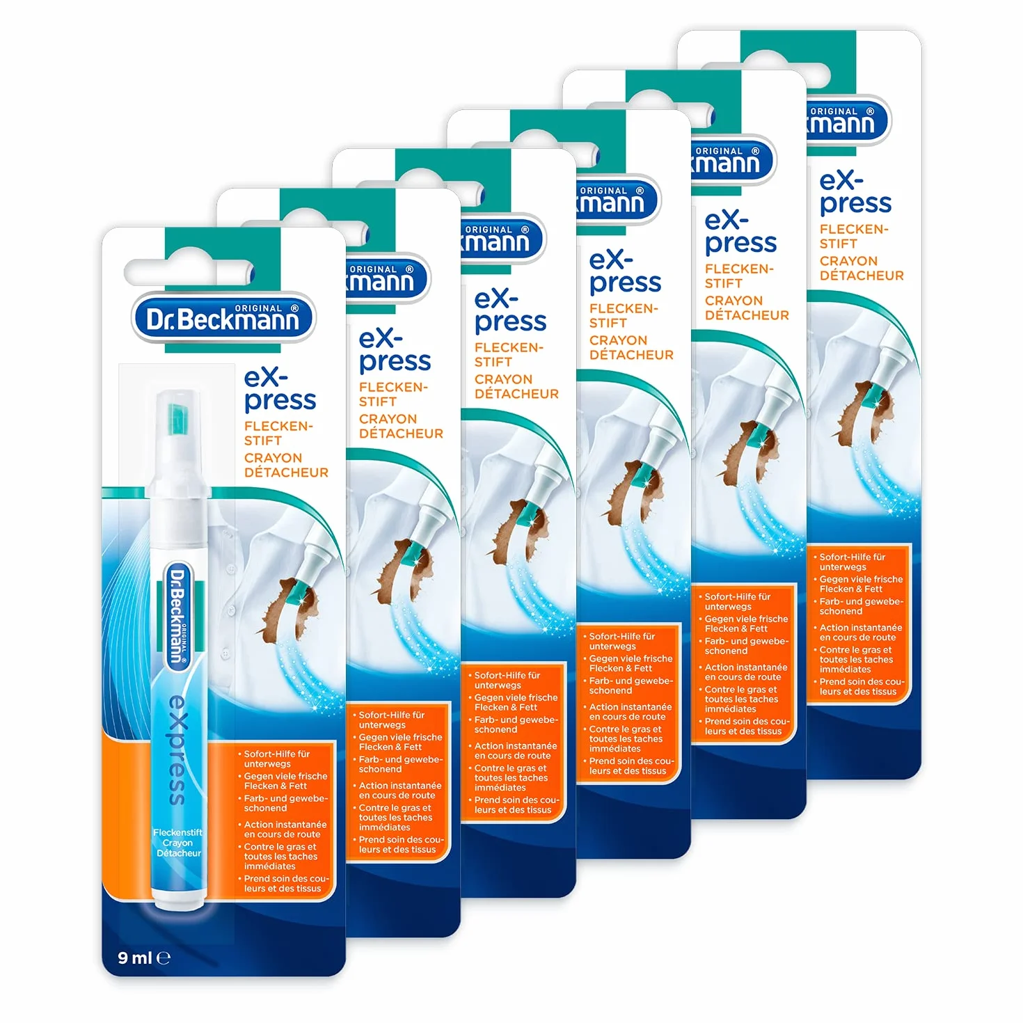 Dr. Beckmann Express Marqueur Anti-Taches | Détachant Efficace pour les Taches de Voyage | Solution Rapide et Facile | 6 x 10 ml