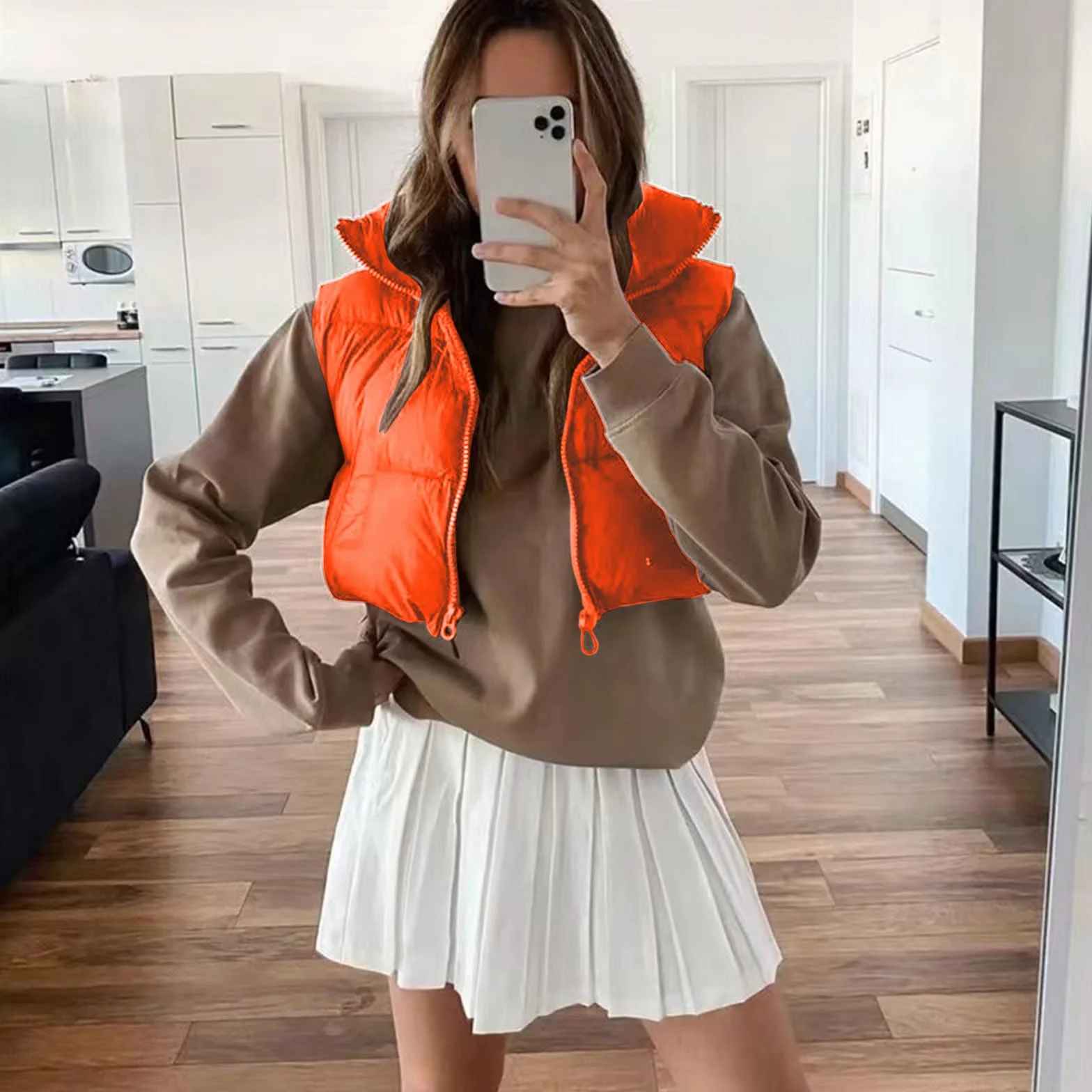 Gilet matelassé sans manches femme court grande taille avec poches cordon réglable hiver