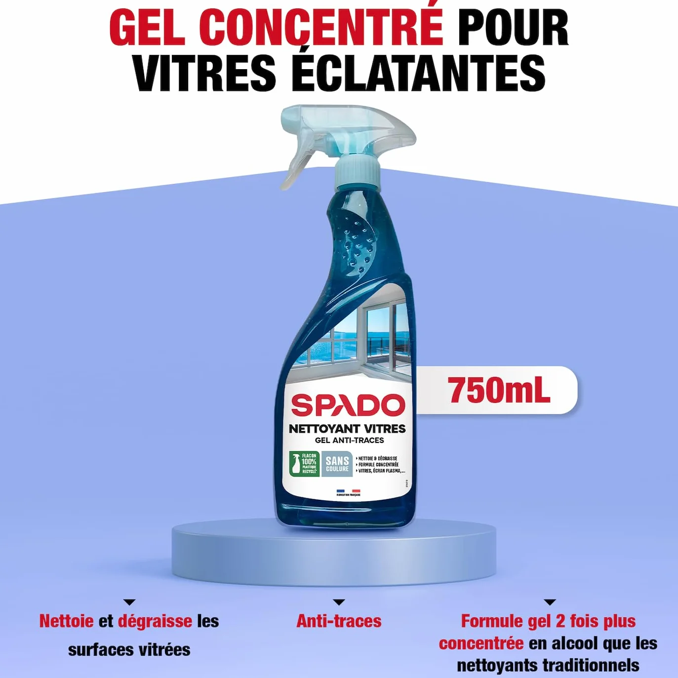 SPADO - Nettoyant vitres en gel - Anti-traces - Anti-pluie - Ne coule pas - Antibuée - pour vitre, miroirs et écran - 750 ML - Fabriqué en France