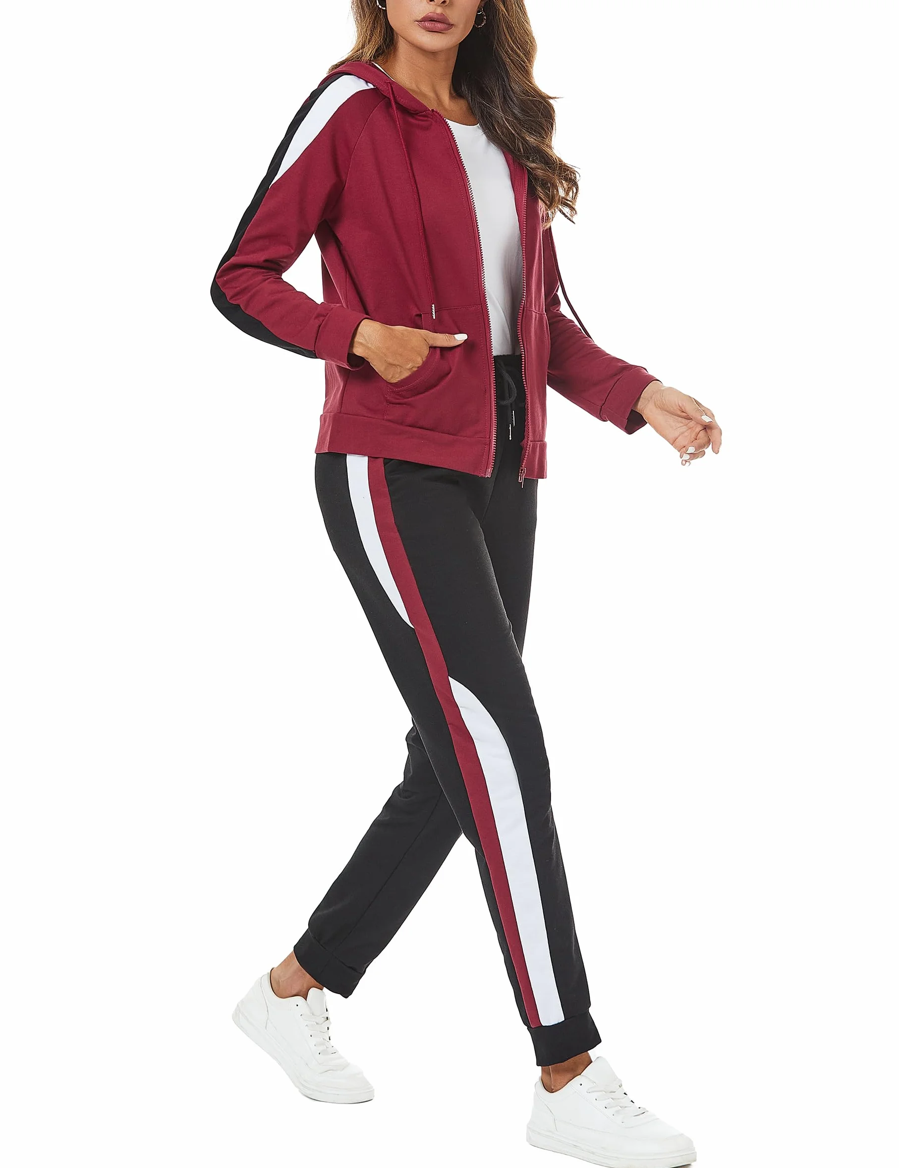 Litherday Survêtement Femme Coton Rayé 2 Pièces Manches Longues Capuche Zippé pour Fitness Jogging