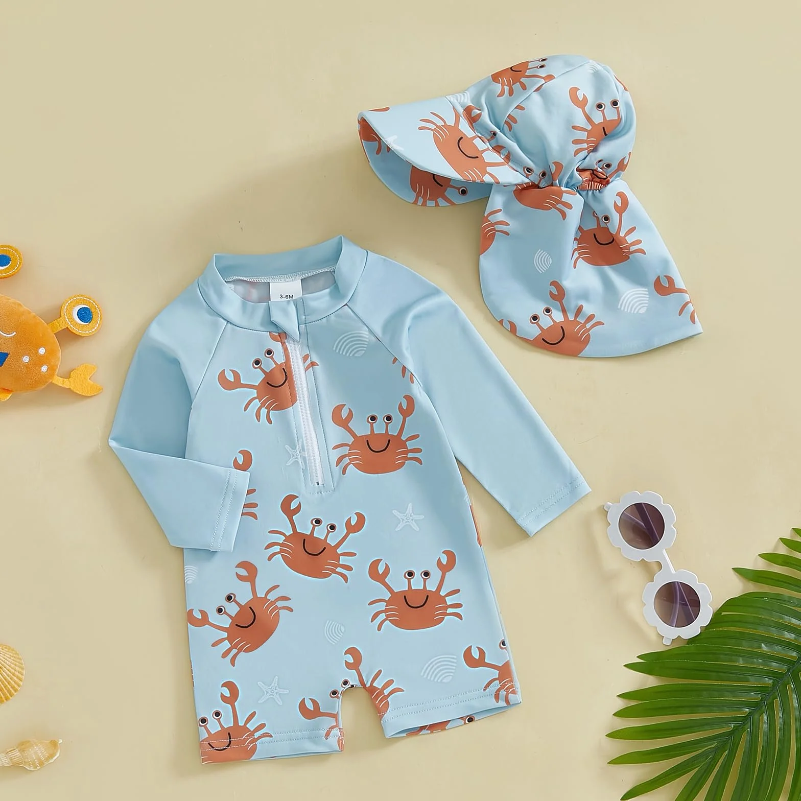 Loalirando Maillot de Bain Enfant Bébé Garçon 2 Pièces Anti-UV Combinaison Zippé Manches Longues Chapeau Large Bord