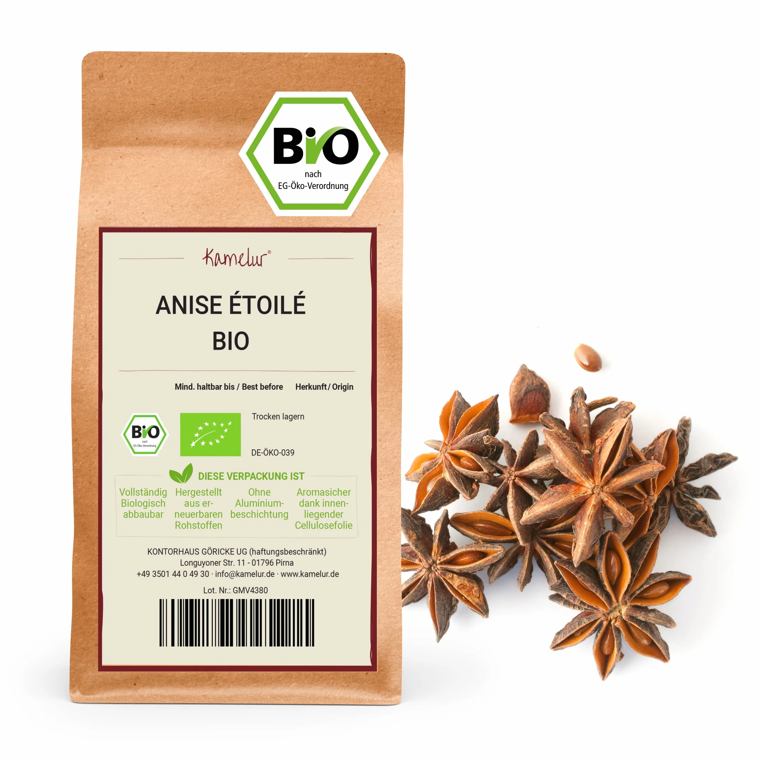 Kamelur 500g d'anis étoilé BIO entier - anis étoilé biologique finement épicé et de haute qualité, sans additifs - dans un emballage biodégradable