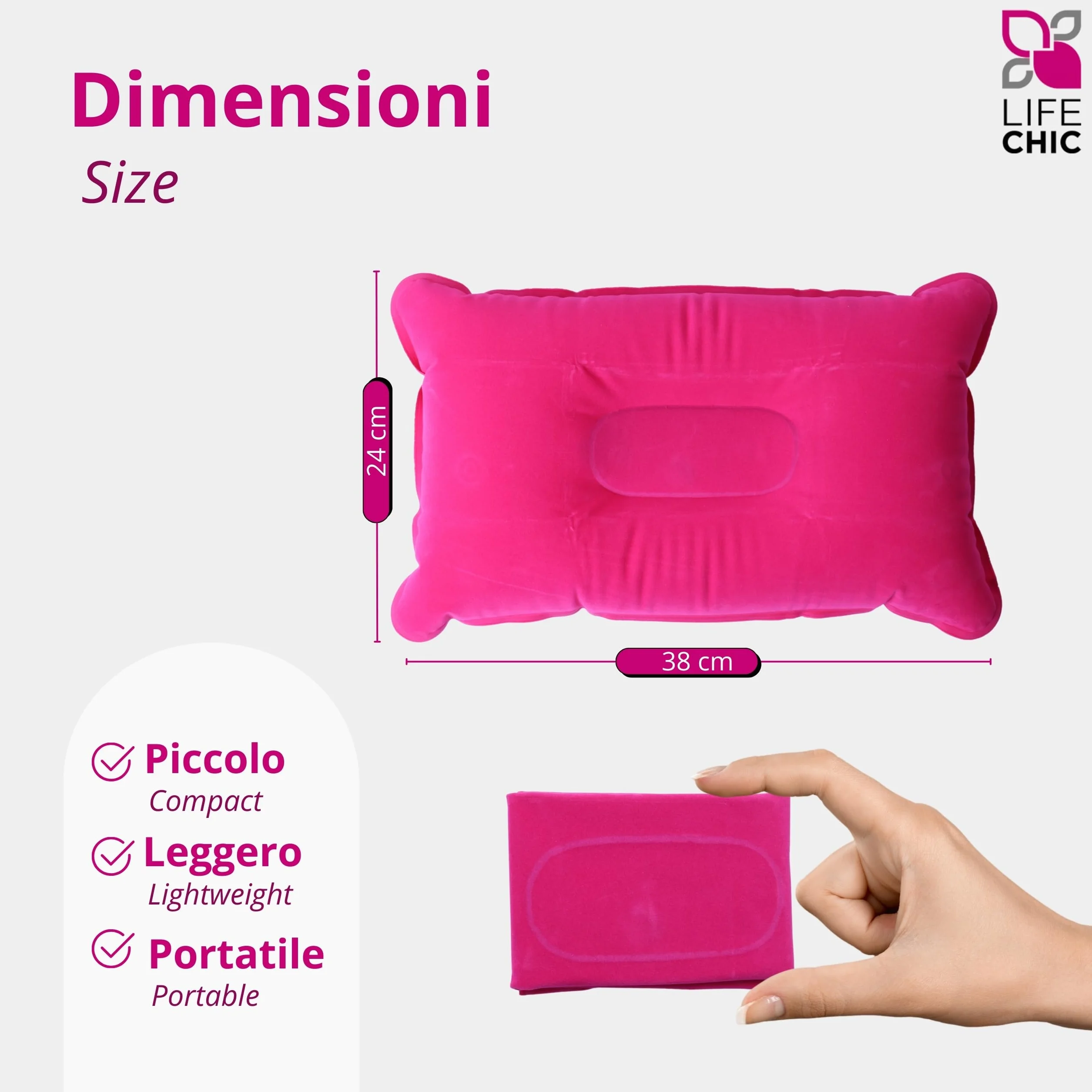 Coussin de Voyage Gonflable 38 x 24 cm Fuchsia Confort Soutien Cou Avion Voiture Train