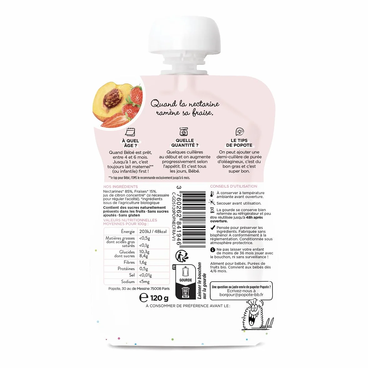 POPOTE - Purée Nectarine Fraises Bio - Dès 4/6 Mois - Recette Fruits Sans Sucres Ajoutés - Texture Lisse Adaptée Aux Bébés - Idéal Pour Diversification Alimentaire - Format Pratique - Pack 10 x 120 g