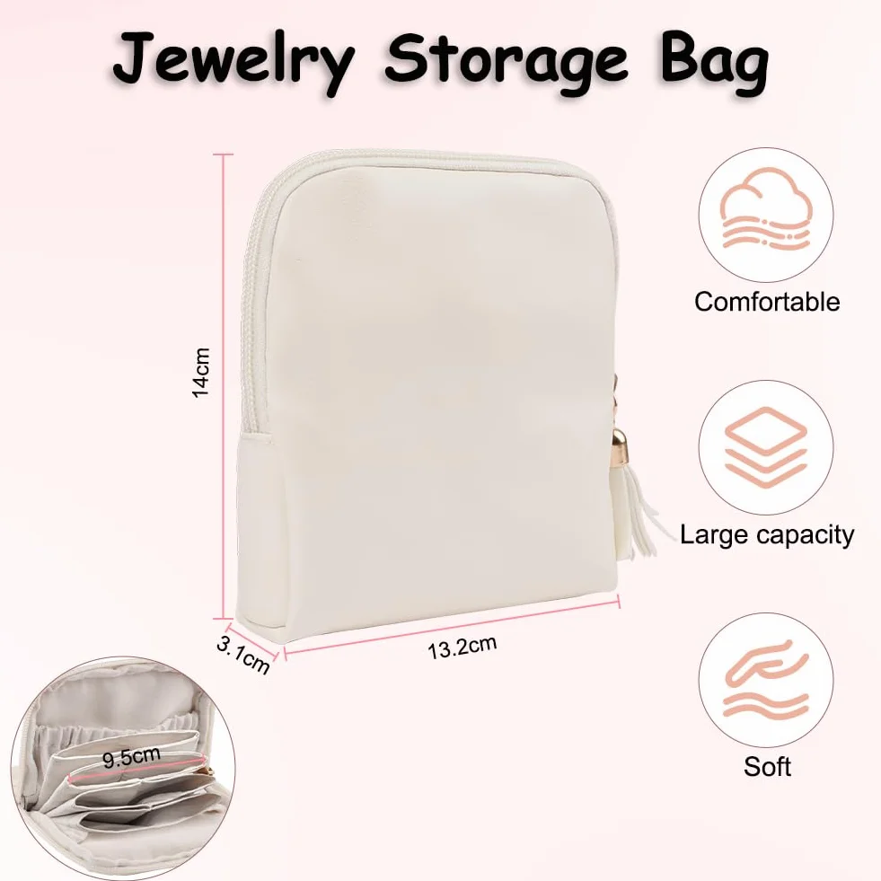Pochette Bijoux Portable Multifonction Beige, Boîte à Bijoux de Voyage avec Franges
