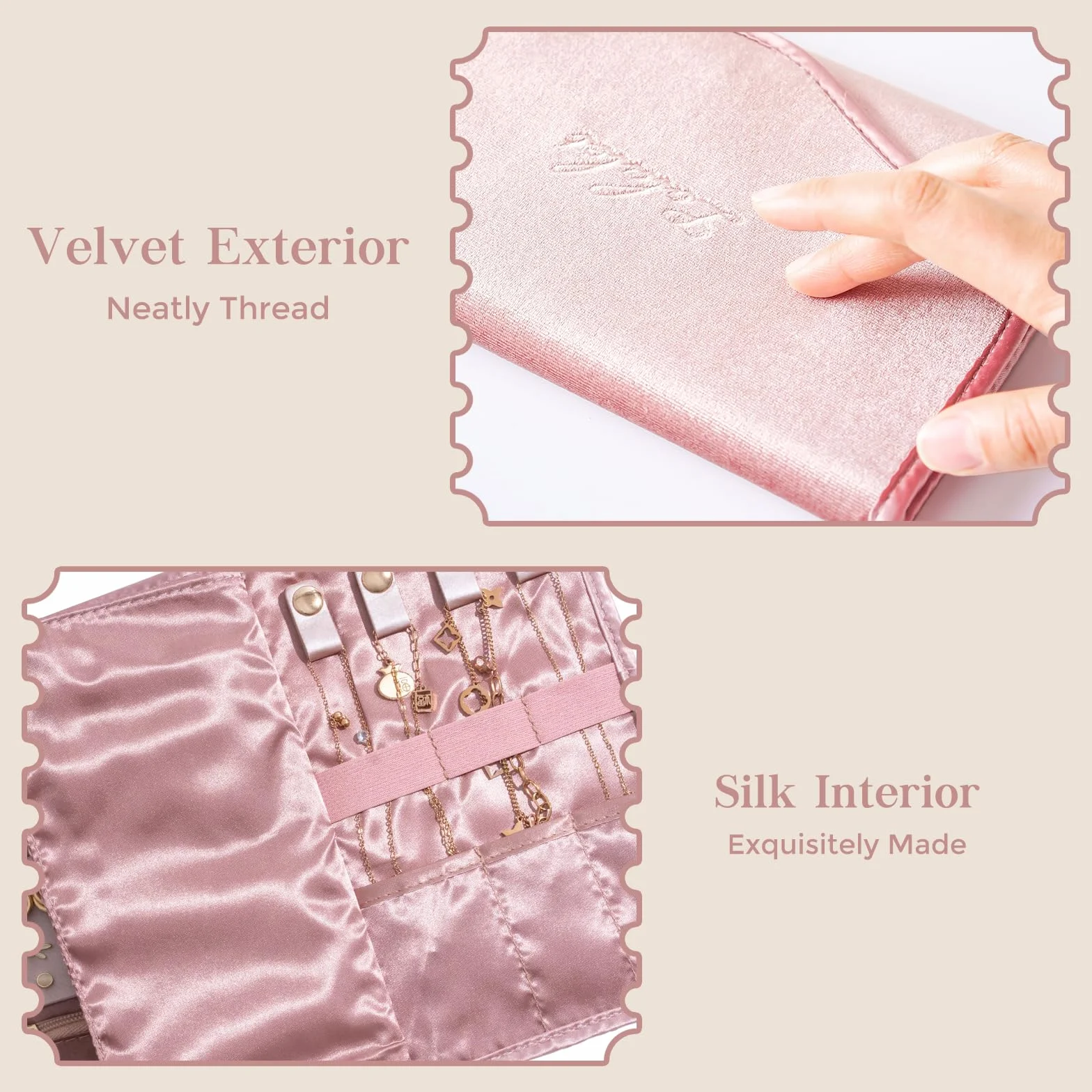 Lolalet Trousse Bijoux Voyage Pliable Rouleau Bijoux Velours avec Pochette de Rangement pour Colliers Boucles d'Oreilles Bagues Bracelets Rose