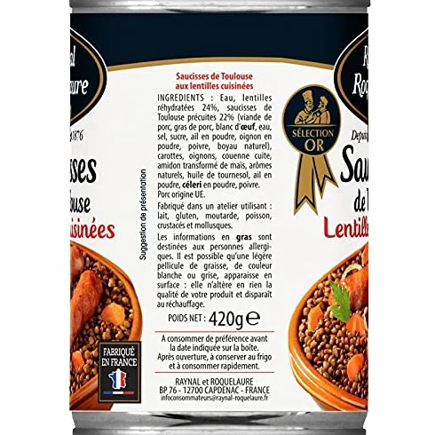 RAYNAL ET ROQUELAURE - Saucisses Toulouse Aux Lentilles Cuisinées 420G - Lot De 4 - Offre Special