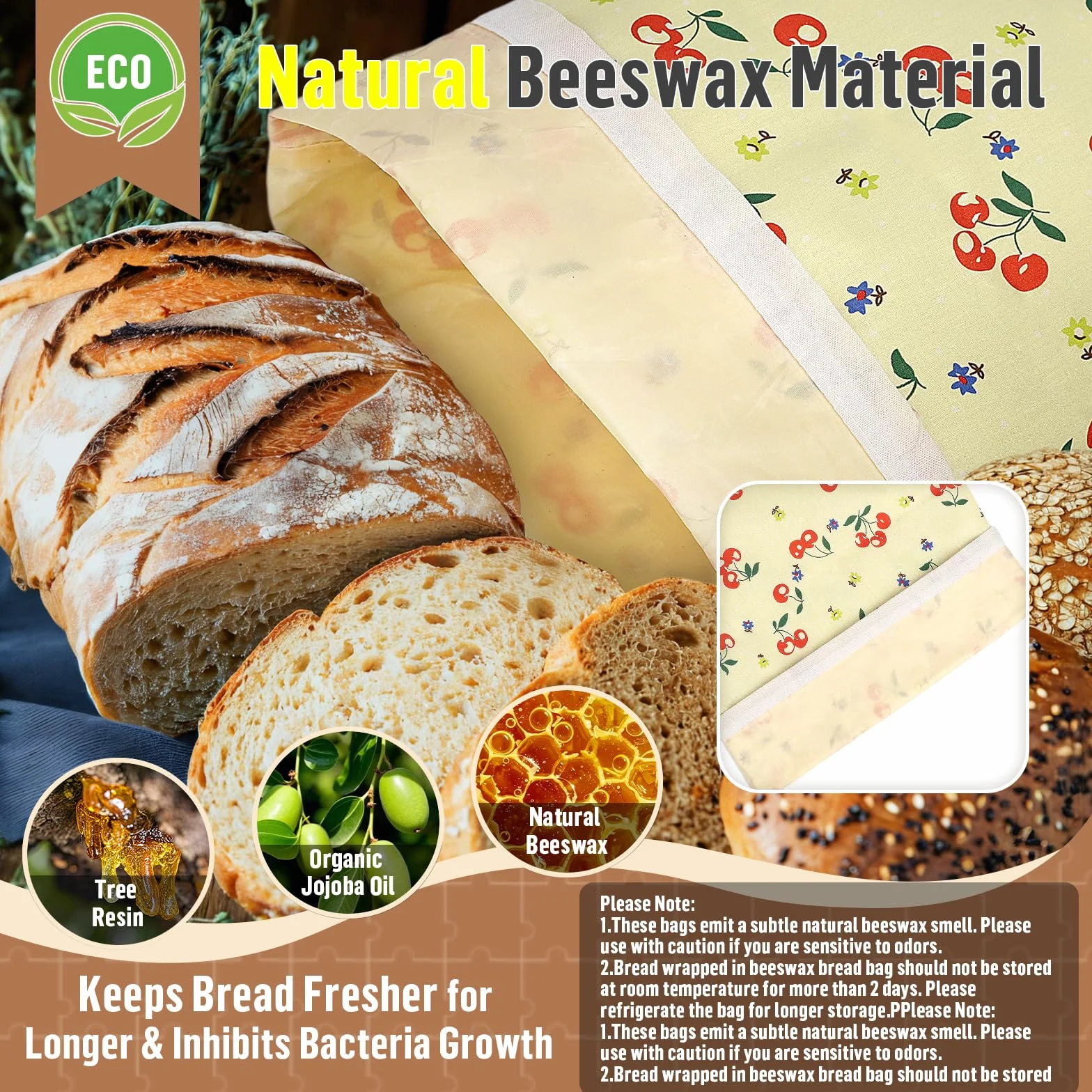 2 Pcs Sacs a Pain Tissu Réutilisables en Polyester avec Doublure en Cire d'abeille Sac à Pain pour Conserver le Pains Beeswax Bread Bag Conservation Croissant Baguette Fruits Légumes-43*30cm(Cerises)