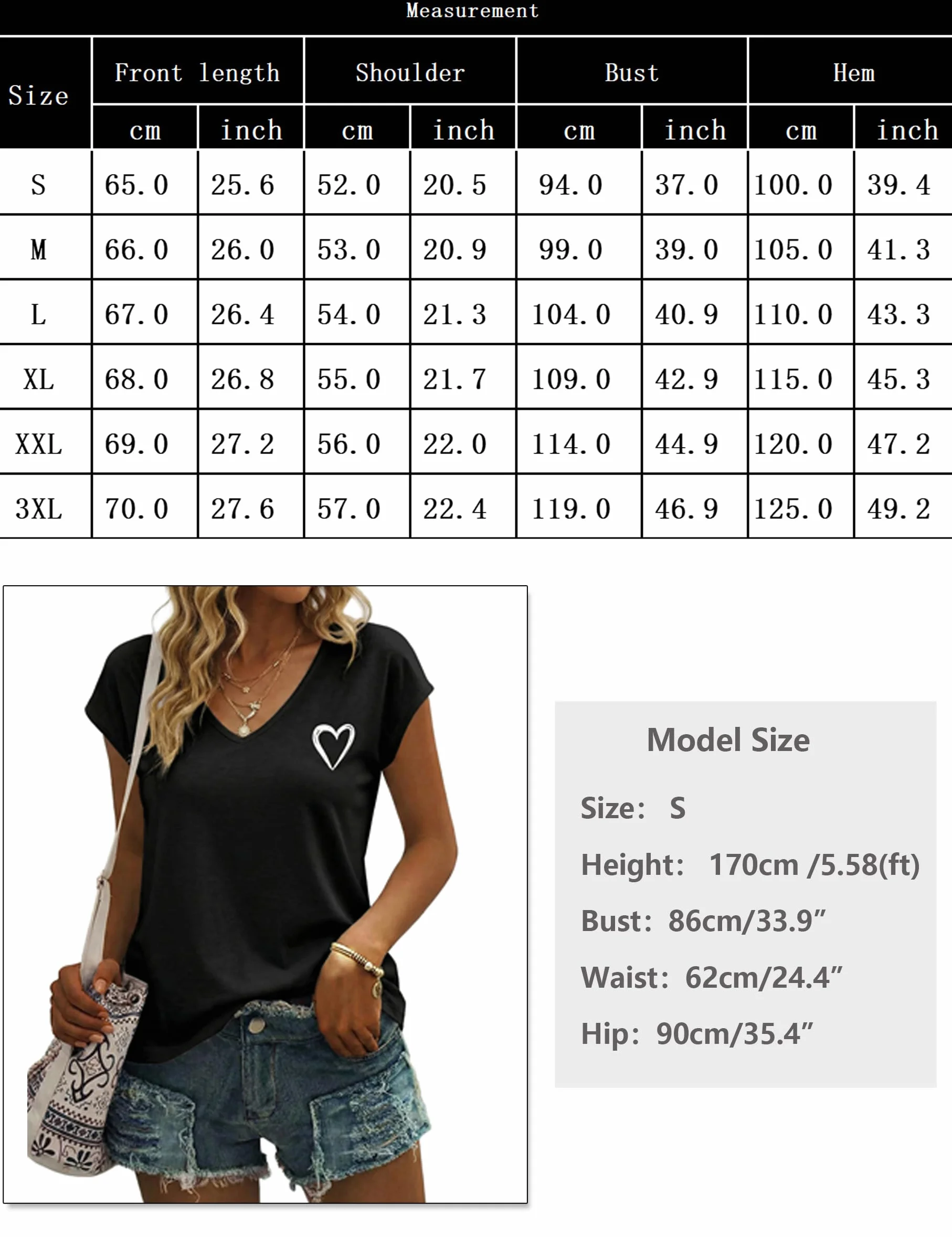 T-Shirt Femme Col V Manches Courtes avec Imprimé Cœur