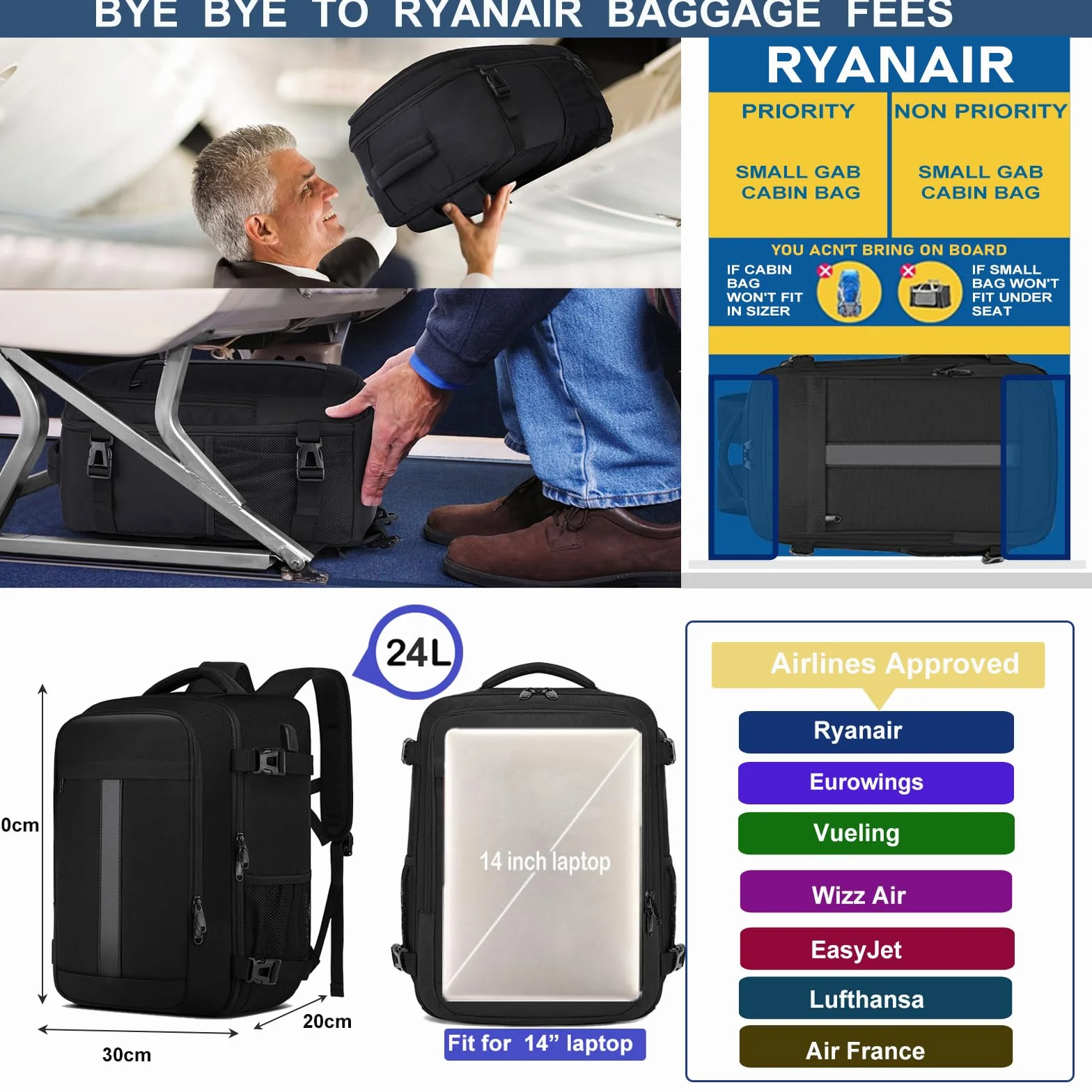 Sac à Dos 40x30x20 Cabine Avion 24L Pour Ryanair Wizzair Eurowings avec Port USB Ordinateur Portable 14 Pouces Noir