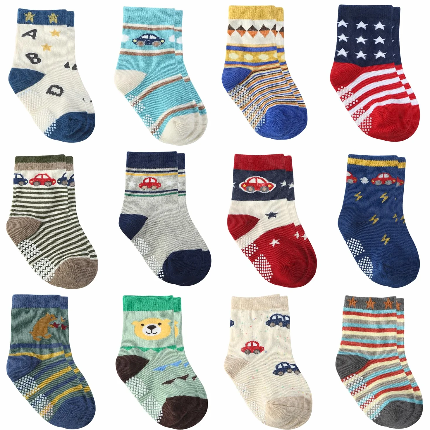 Chaussettes Bébé Garçon Antidérapantes en Coton, 12 Paires Nouveau-nées