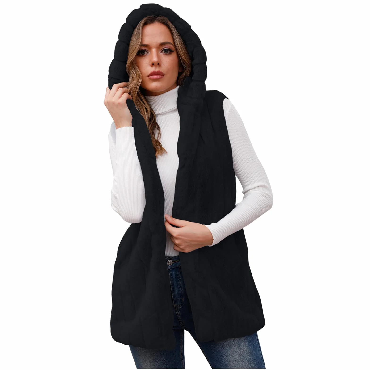 Gilet femme fausse fourrure polaire mi-long sans manches avec poches