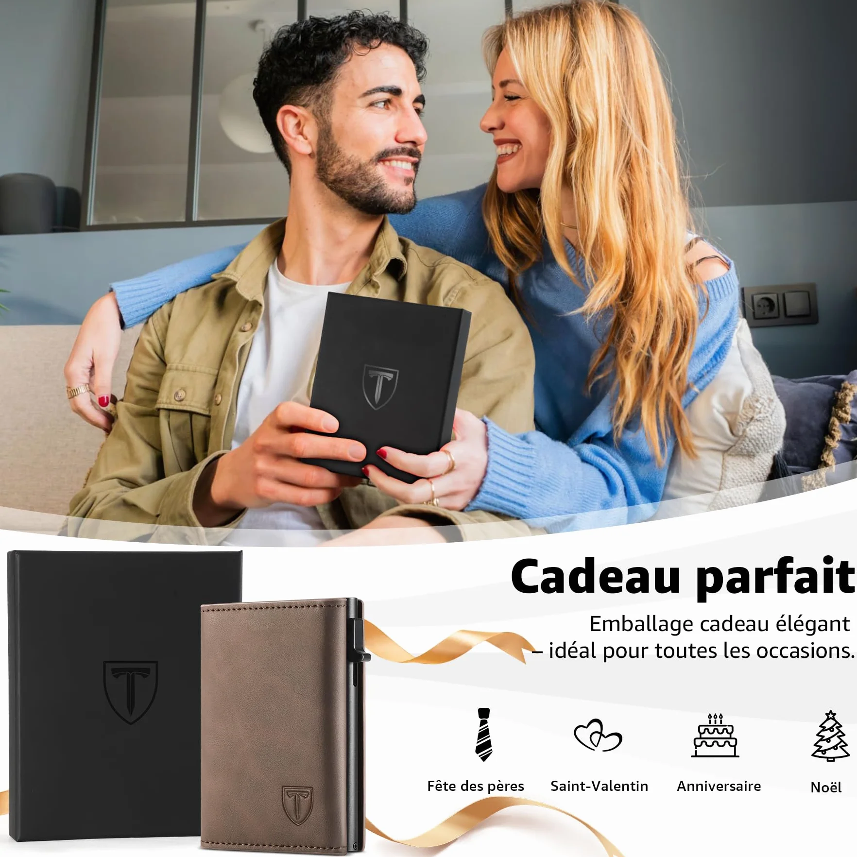 Portefeuille Homme Blocage RFID Cuir Porte Carte 9 Cartes Marron