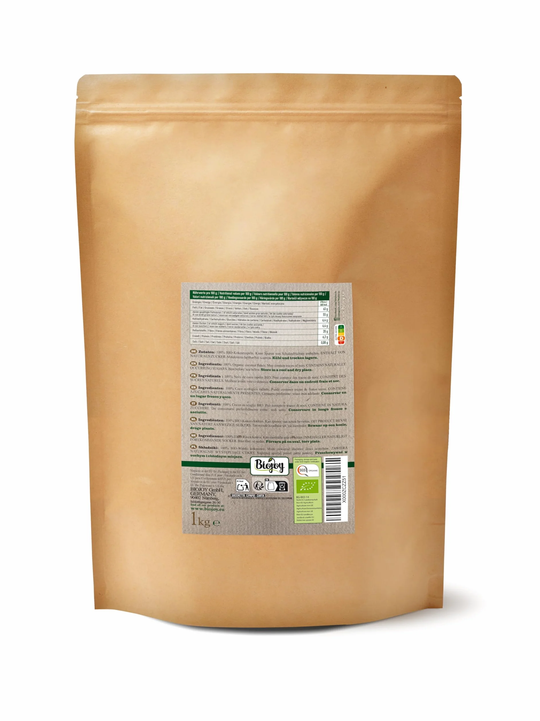 Biojoy Noix de Coco Râpée BIO (1 kg), séchée et non grillés, Flocons de noix de coco sans additifs