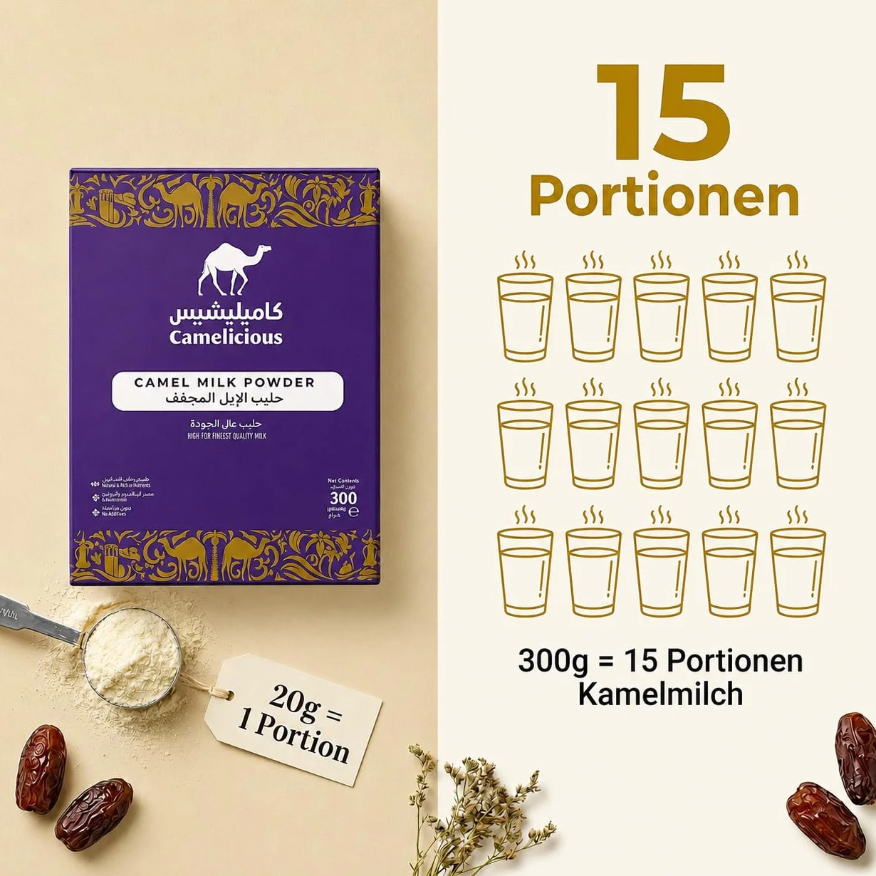 600 g de poudre de lait de chamelle originale (de Dubaï, 2x300 g) - GARANTIE MEILLEUR PRIX - Cure de boisson - Poudre de lait de chamelle (2x300 g)