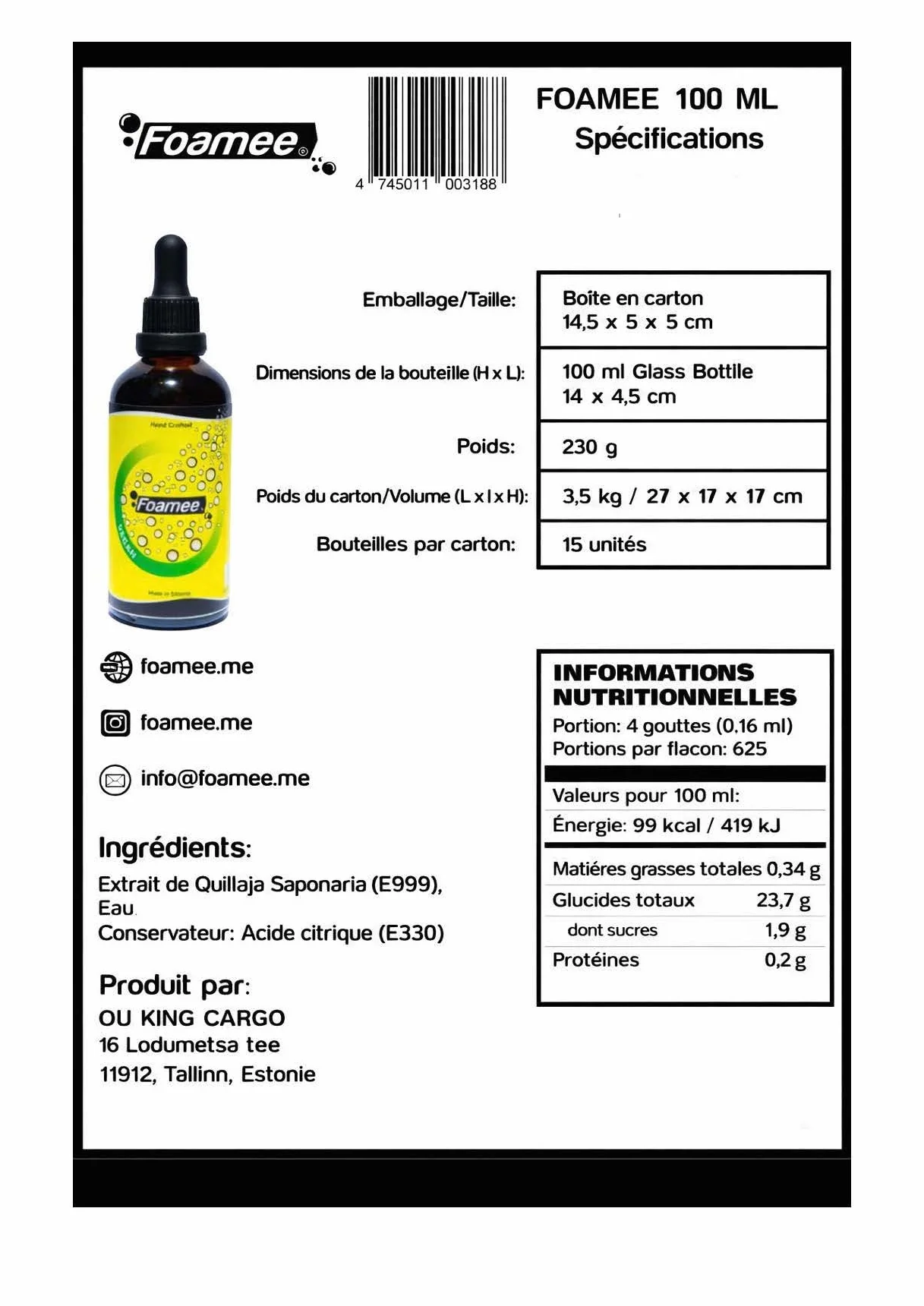 Foamee 50 ml mousseur à cocktail végétalien