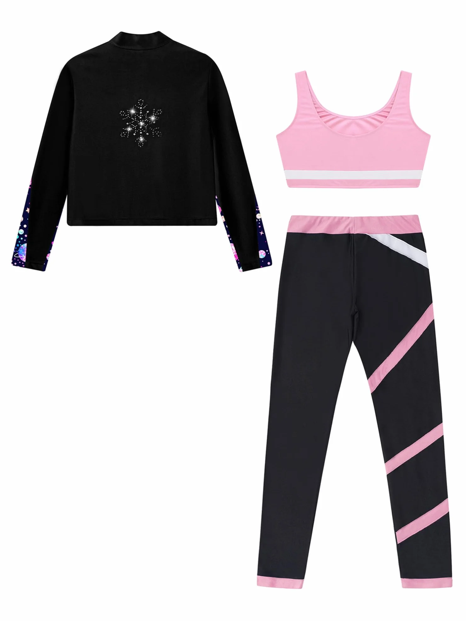 TiaoBug Enfant Fille Ensemble Patinage Artistique Vestes Top Strass Zippée Manches Longues Legging Survêtement Justaucorps Gymnastique 5-16 Ans