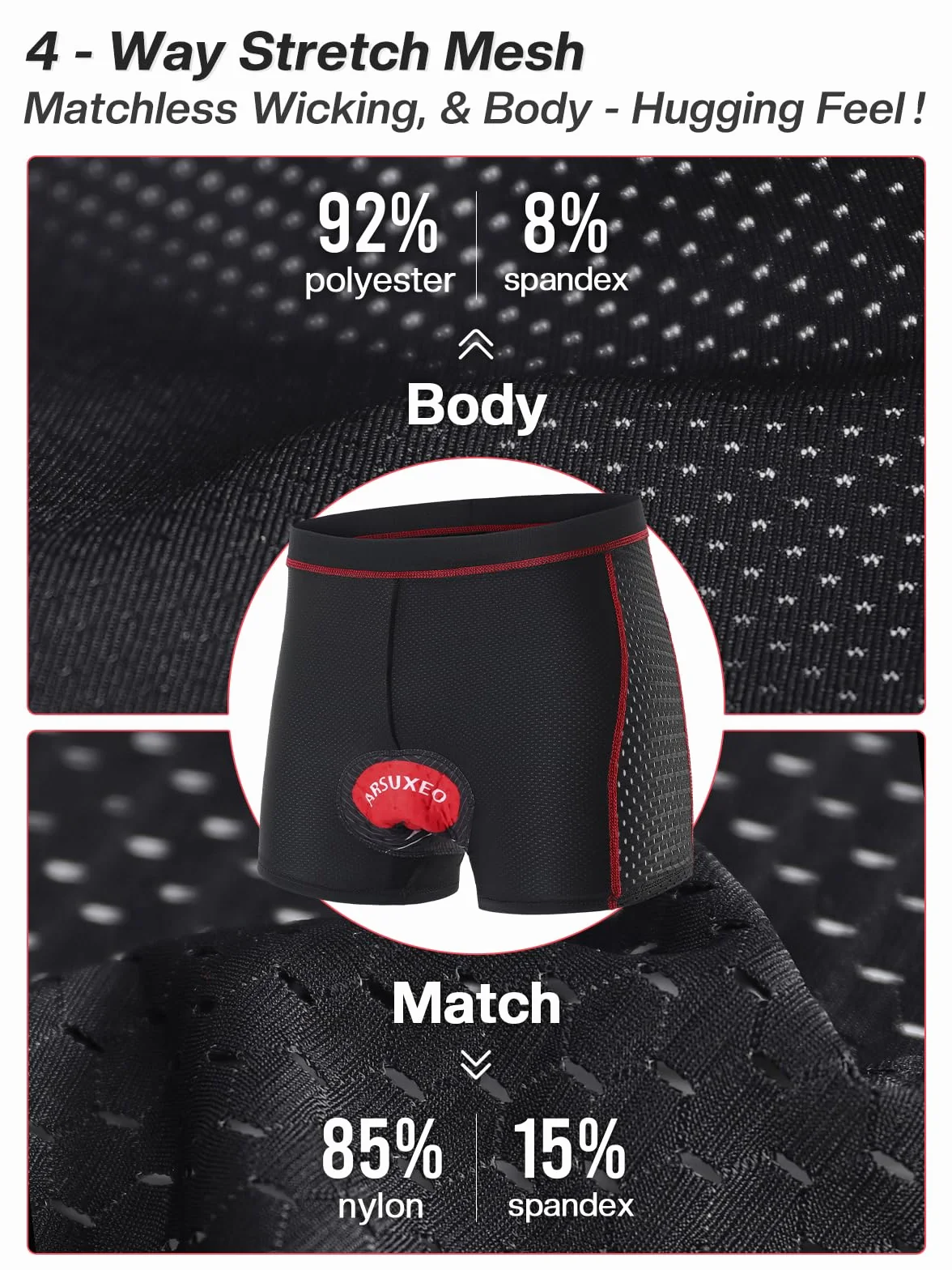 ARSUXEO Cuissard de Cyclisme rembourré Hommes 4D Pad Underwear Liner Breathable