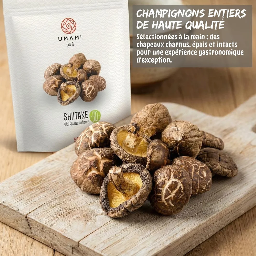 Umami Champignons Shiitake BIO Japonais 50g - Séchés Naturellement - Origine Kyushu, Japon - Qualité Premium pour Ramen, Soupes et Risottos - 100% Naturel