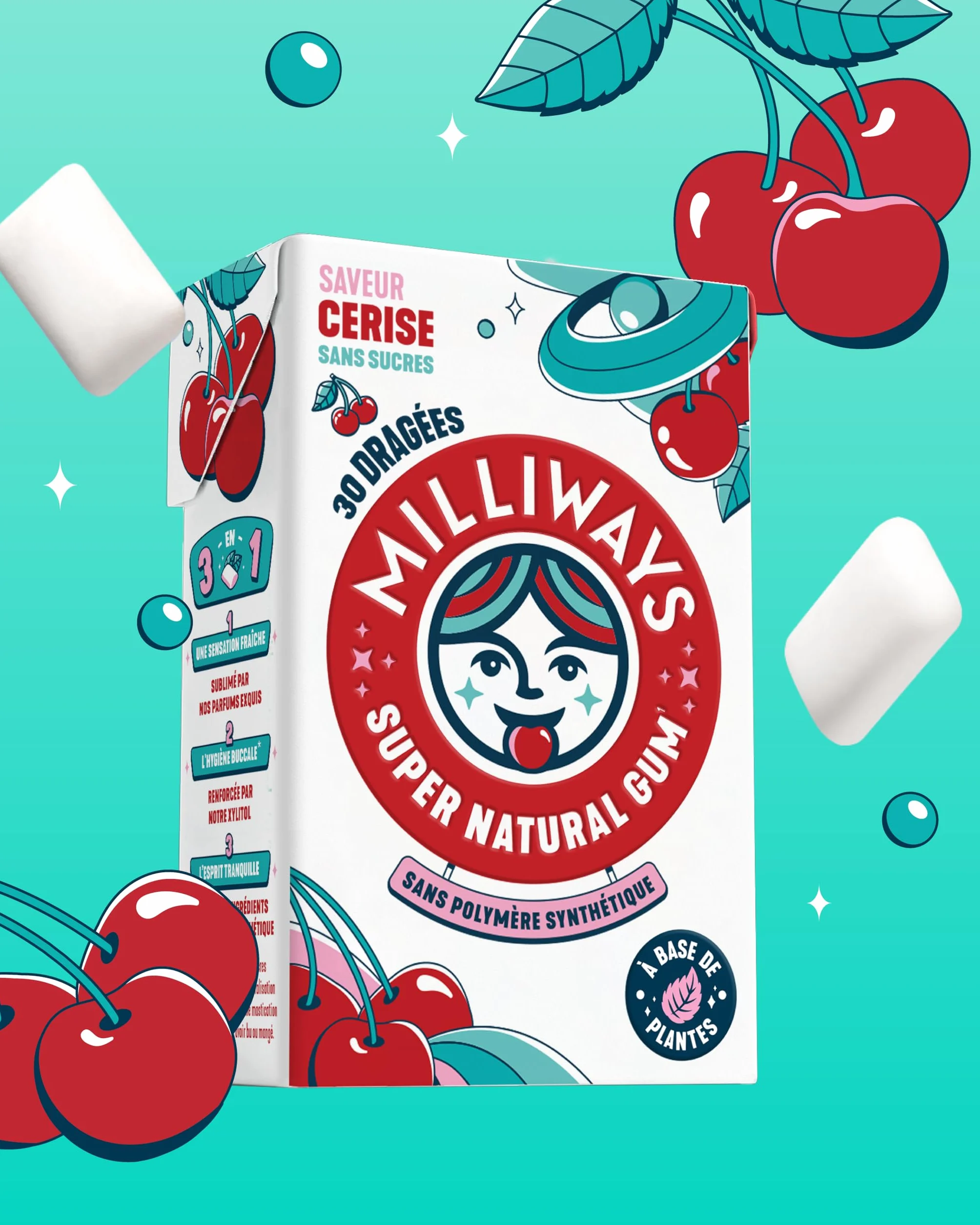 MILLIWAYS Chewing gum sans sucres à la cerise 10 boîtes 30 dragées 60g Xylitol