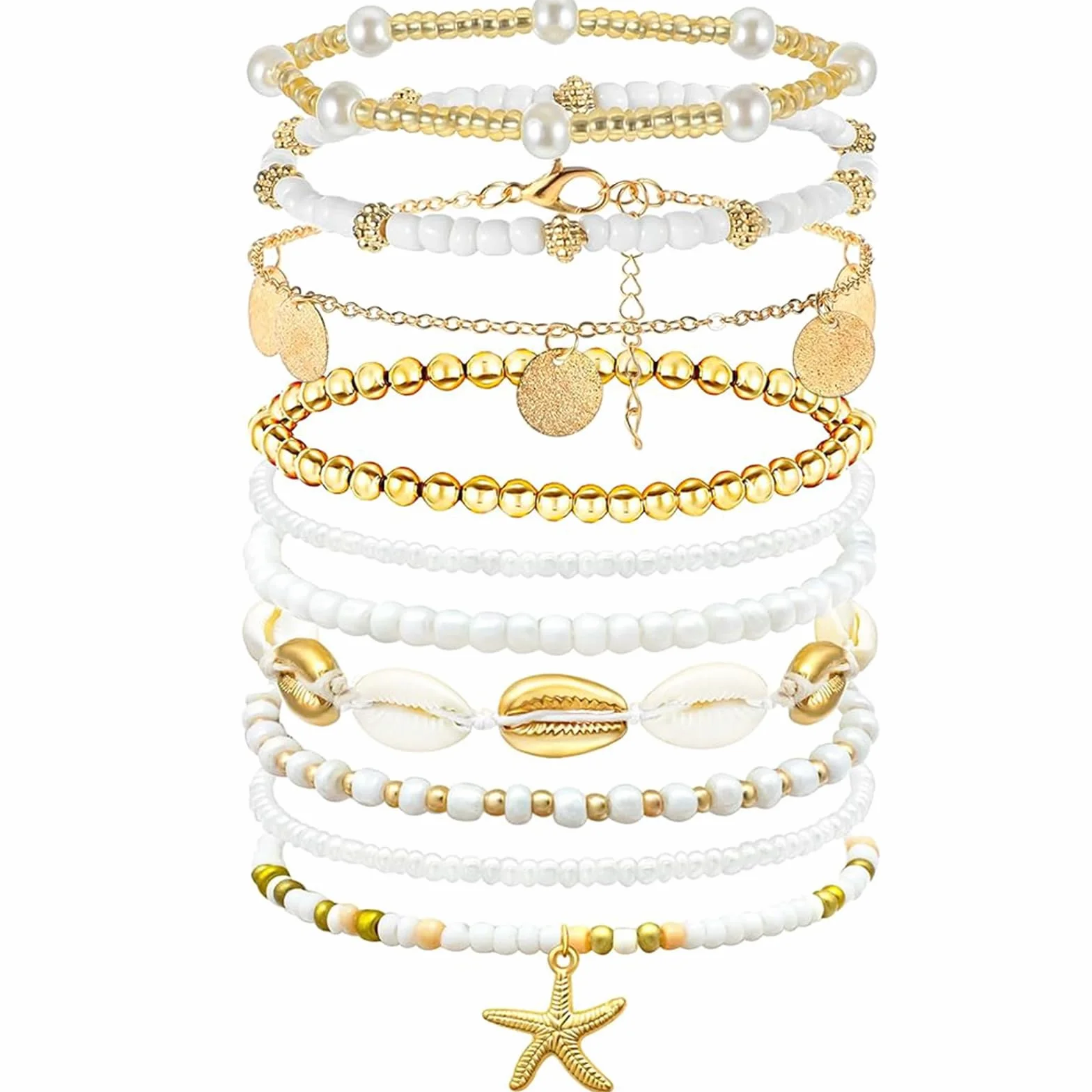 JSTHHTT Bracelet de Cheville Femme Perles Dorées Bohème Réglable Élastique