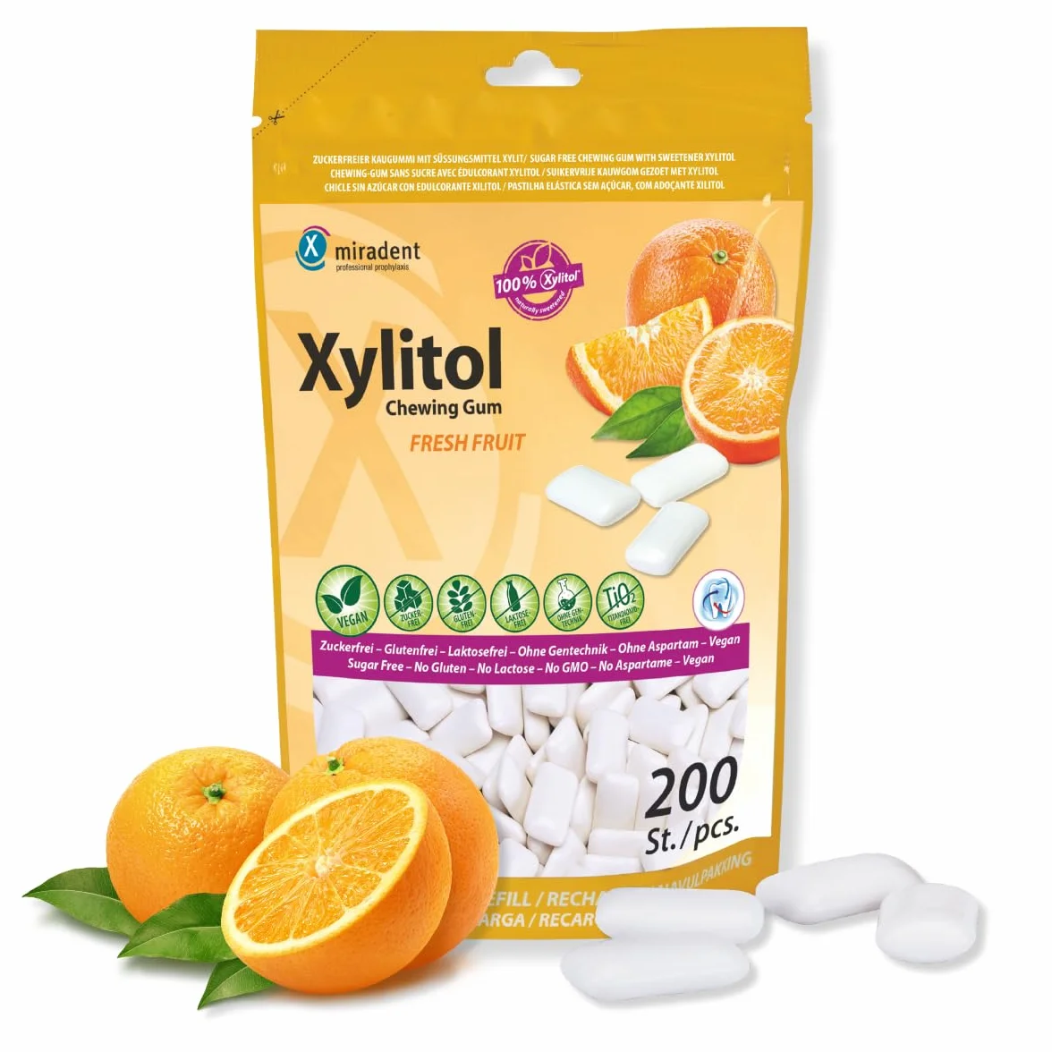 Miradent Chewing-gum dentaire au xylitol Pack économique 200 pcs goût Fruits frais sans sucre vegan