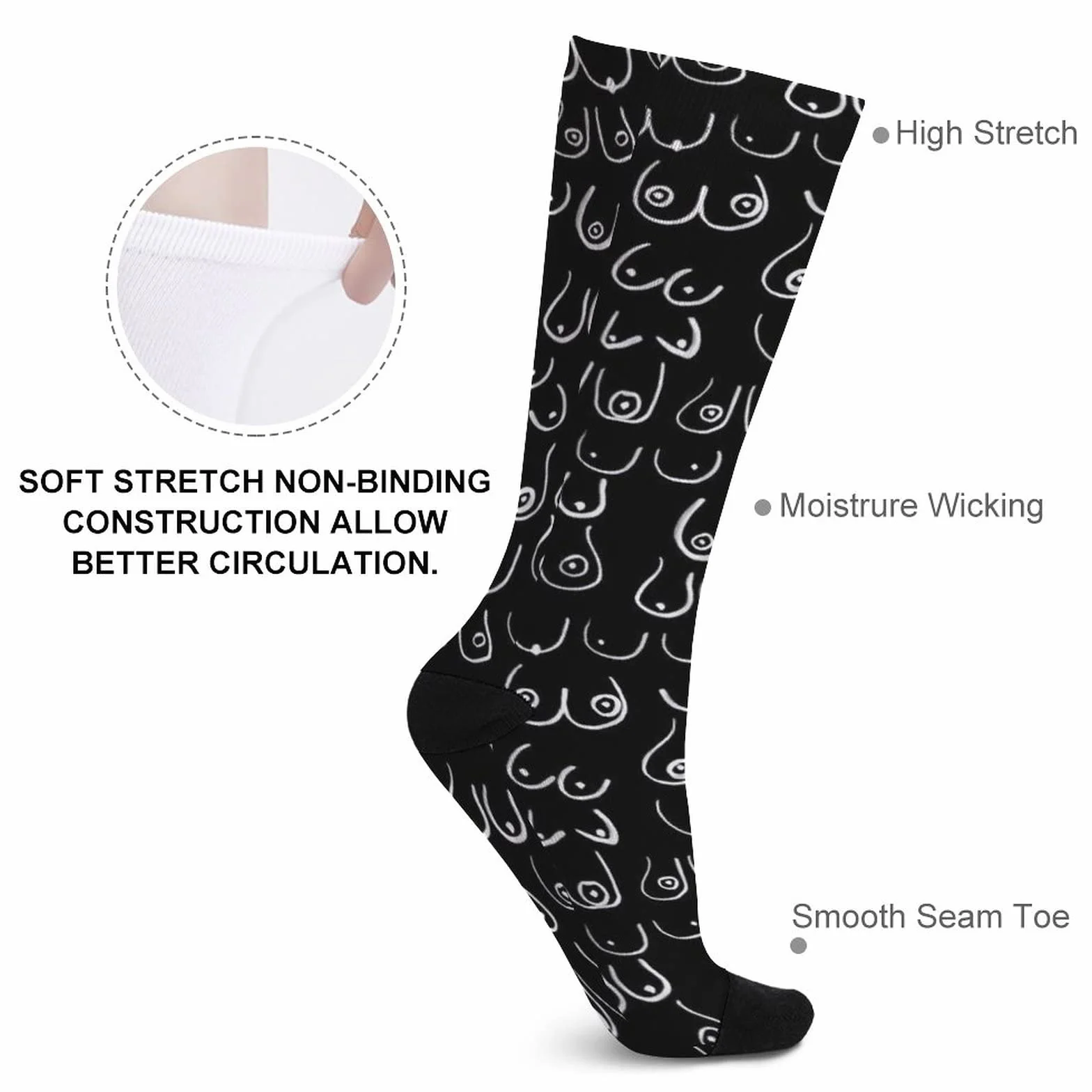 Chaussettes unisexes drôles motif seins noir et blanc mi-mollet sport longues homme femme taille unique