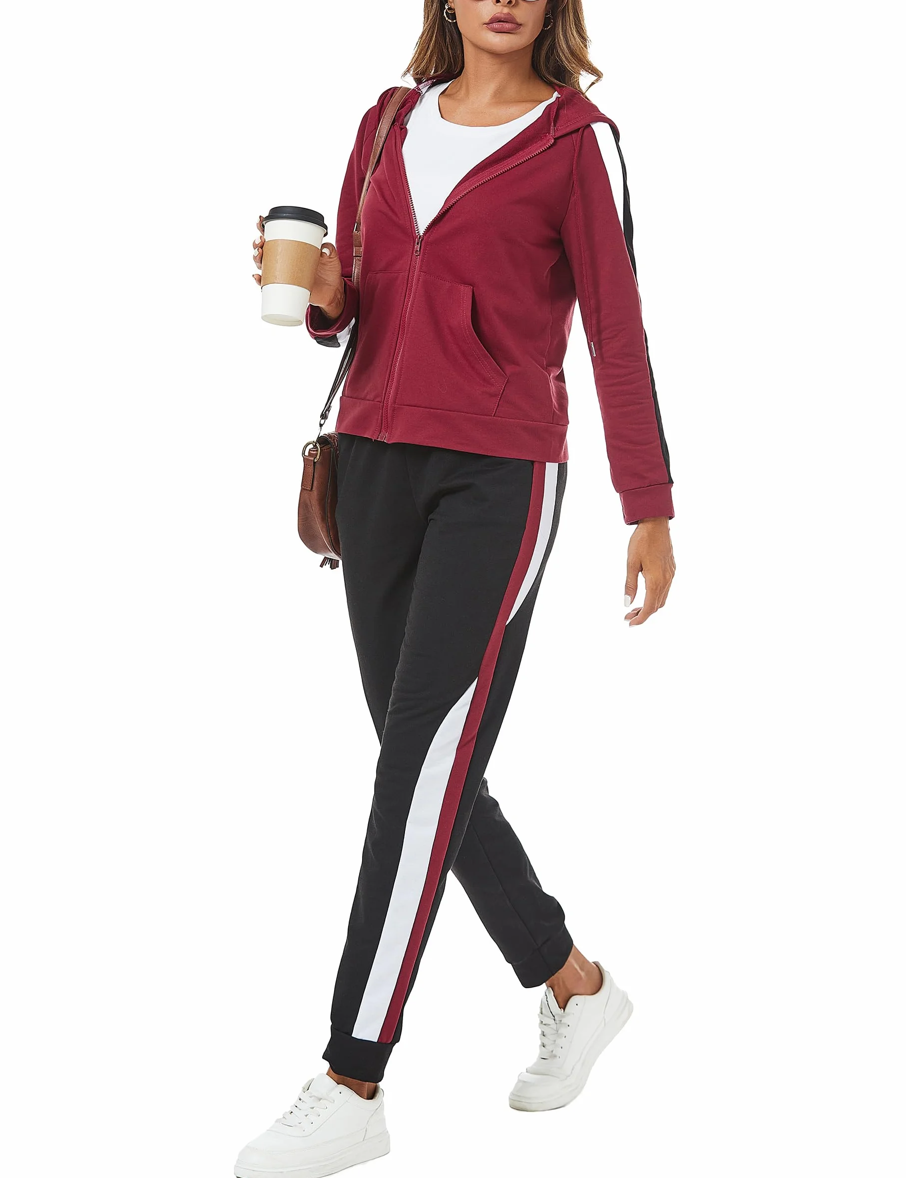 Litherday Survêtement Femme Coton Rayé 2 Pièces Manches Longues Capuche Zippé pour Fitness Jogging