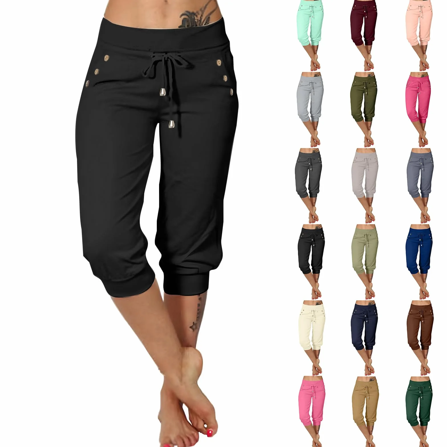 EMATOP Pantalon de jogging femme 3/4 coton couleur unie avec poches