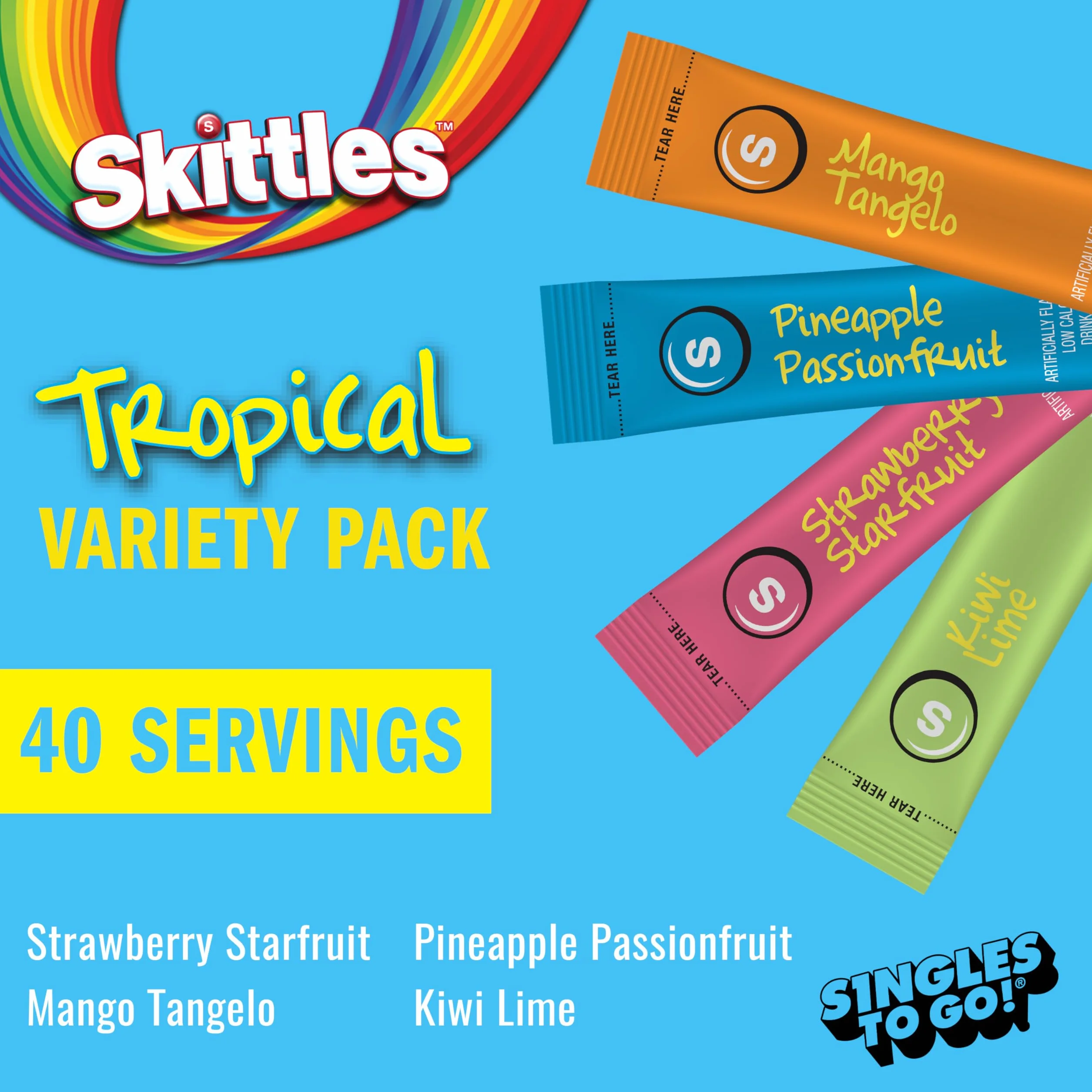 Skittles Singles To Go Tropical Flavors Lot de 40 mélanges à boissons en poudre, zéro sucre, faible calorie, comprend 4 saveurs :