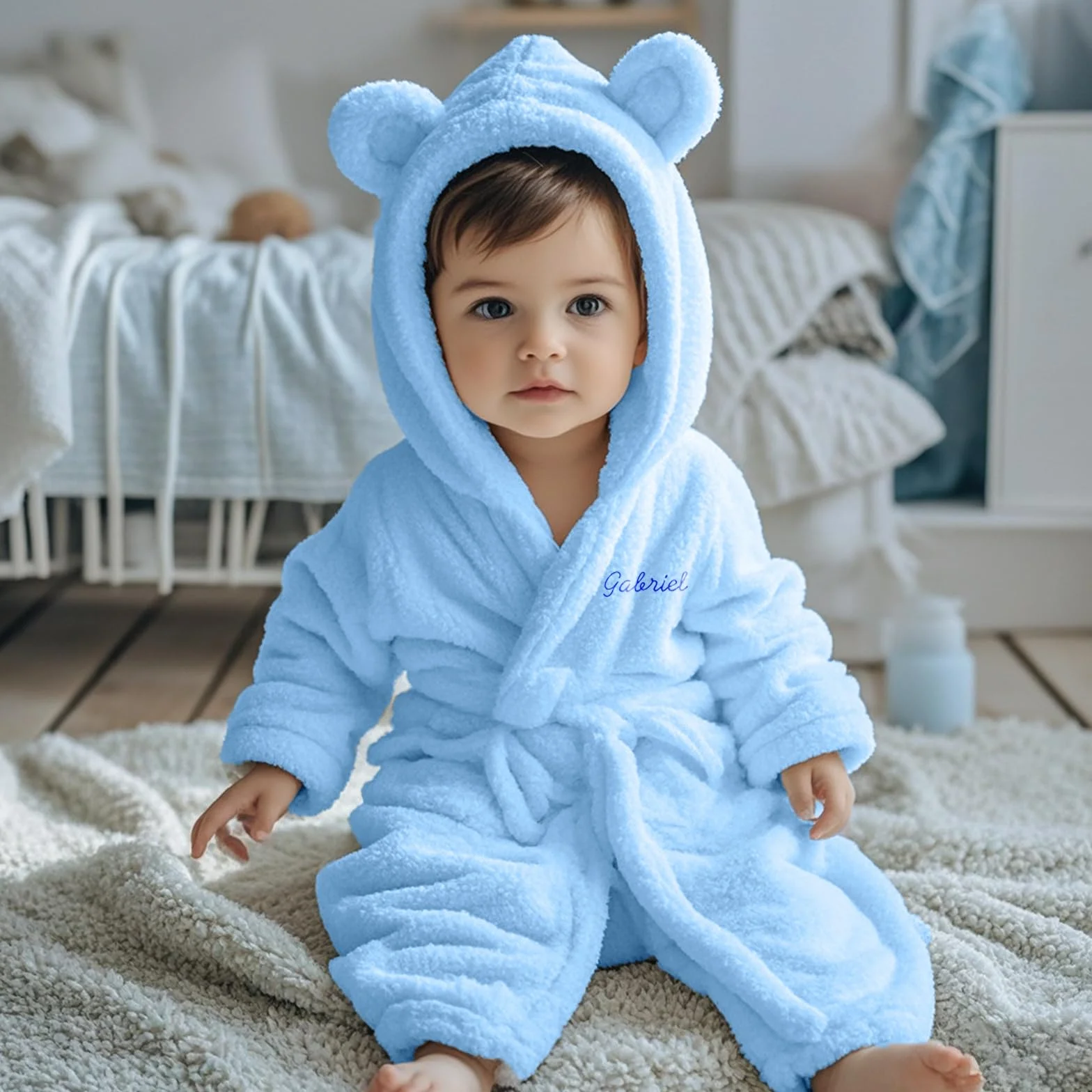 Peignoir Bébé Personnalisé avec Nom Brodé, Flanelle Douce, Cadeau Naissance