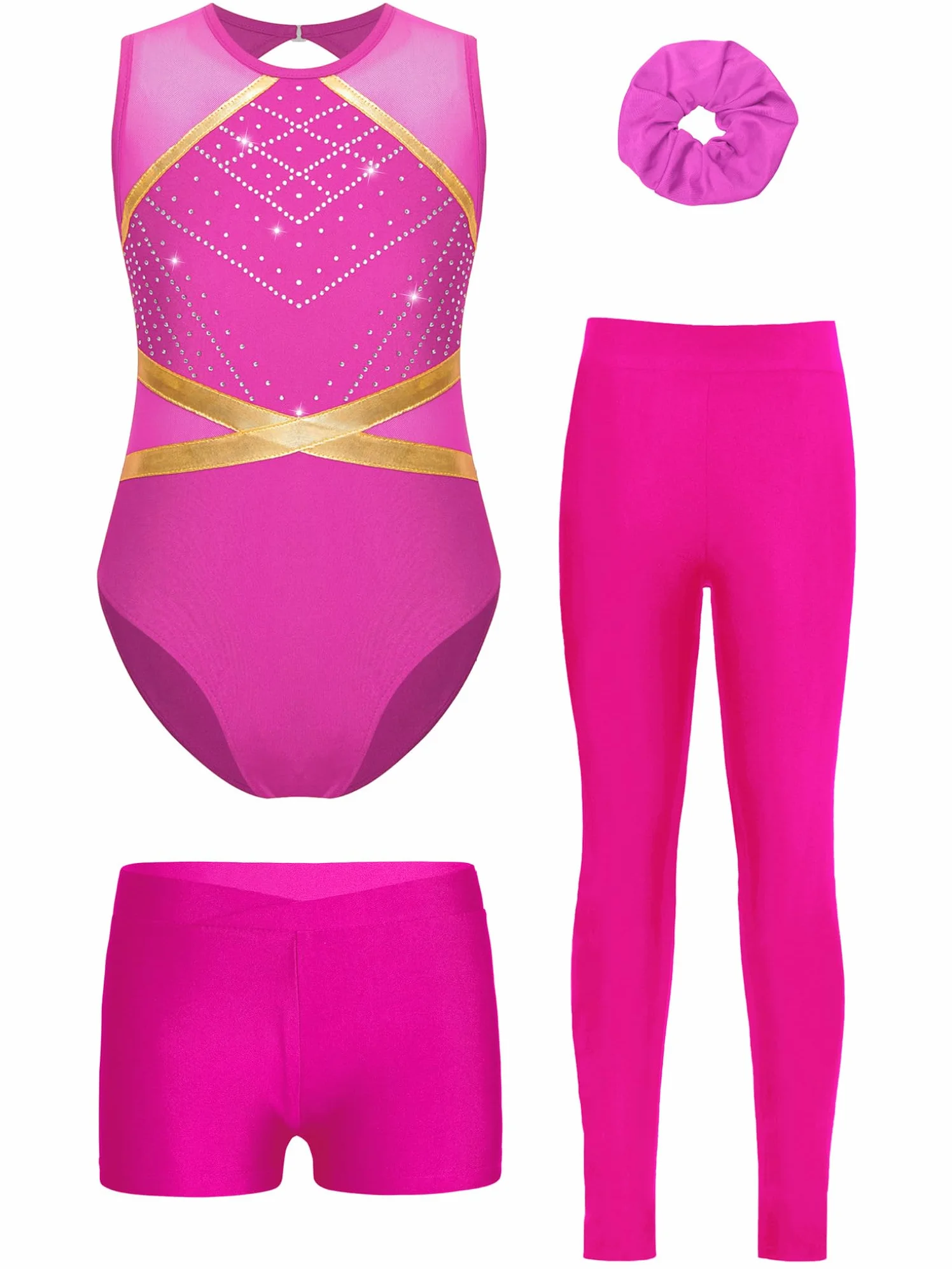 Oyolan Ensemble de Gymnastique 4 Pièces pour Fille Justaucorps Legging Short Chouchou Tenue Danse Gym Patinage Sport Fitness
