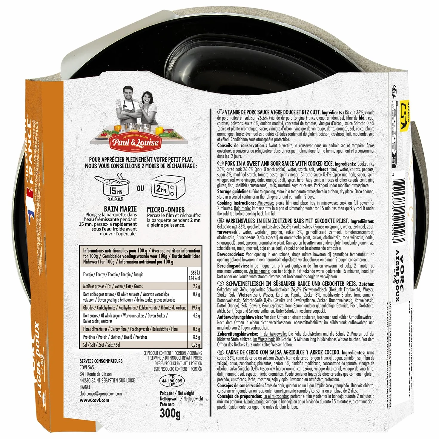 Paul & Louise Porc Aigre-Doux & Riz 300g – Plat Cuisiné Saveurs Asiatiques – Repas Prêt à Déguster – Barquette Micro-Ondable – Longue Conservation - Rayon Epicerie