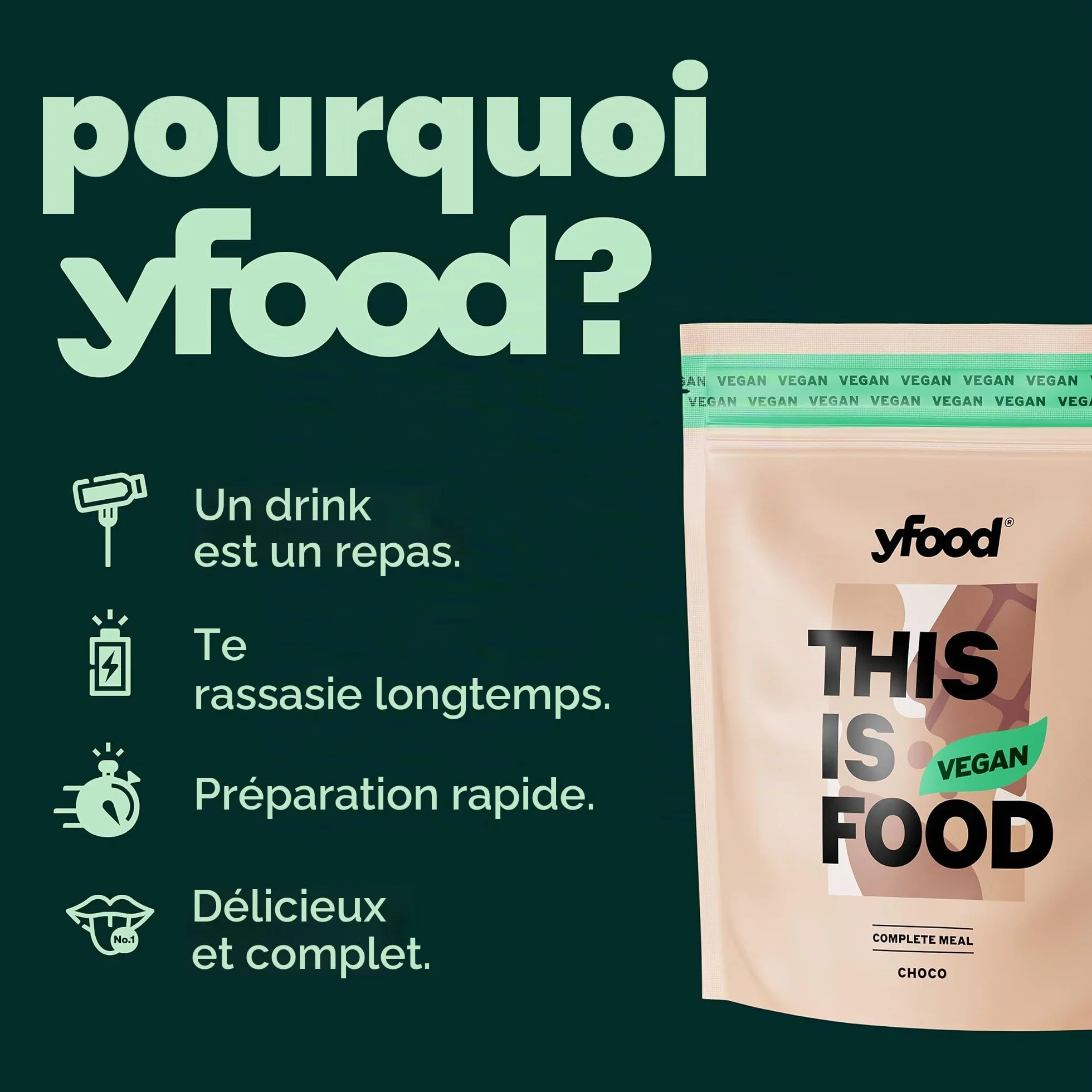 yfood Poudre Classic Choco végétalienne, substitut de repas protéiné, THIS IS FOOD, 26 vitamines et minéraux, 12 repas par sachet, goût chocolat (végétalienne)
