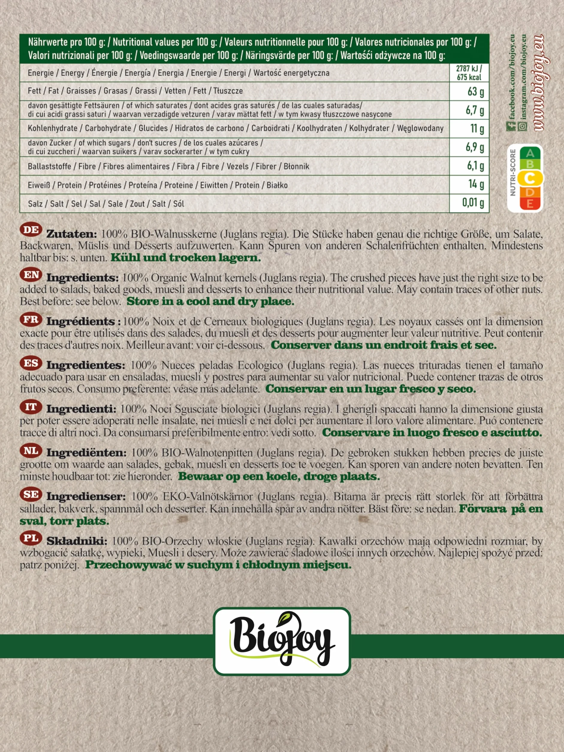 Biojoy Cerneaux de Noix BIO (1 kg), morceaux, décortiquées (Juglans regia)