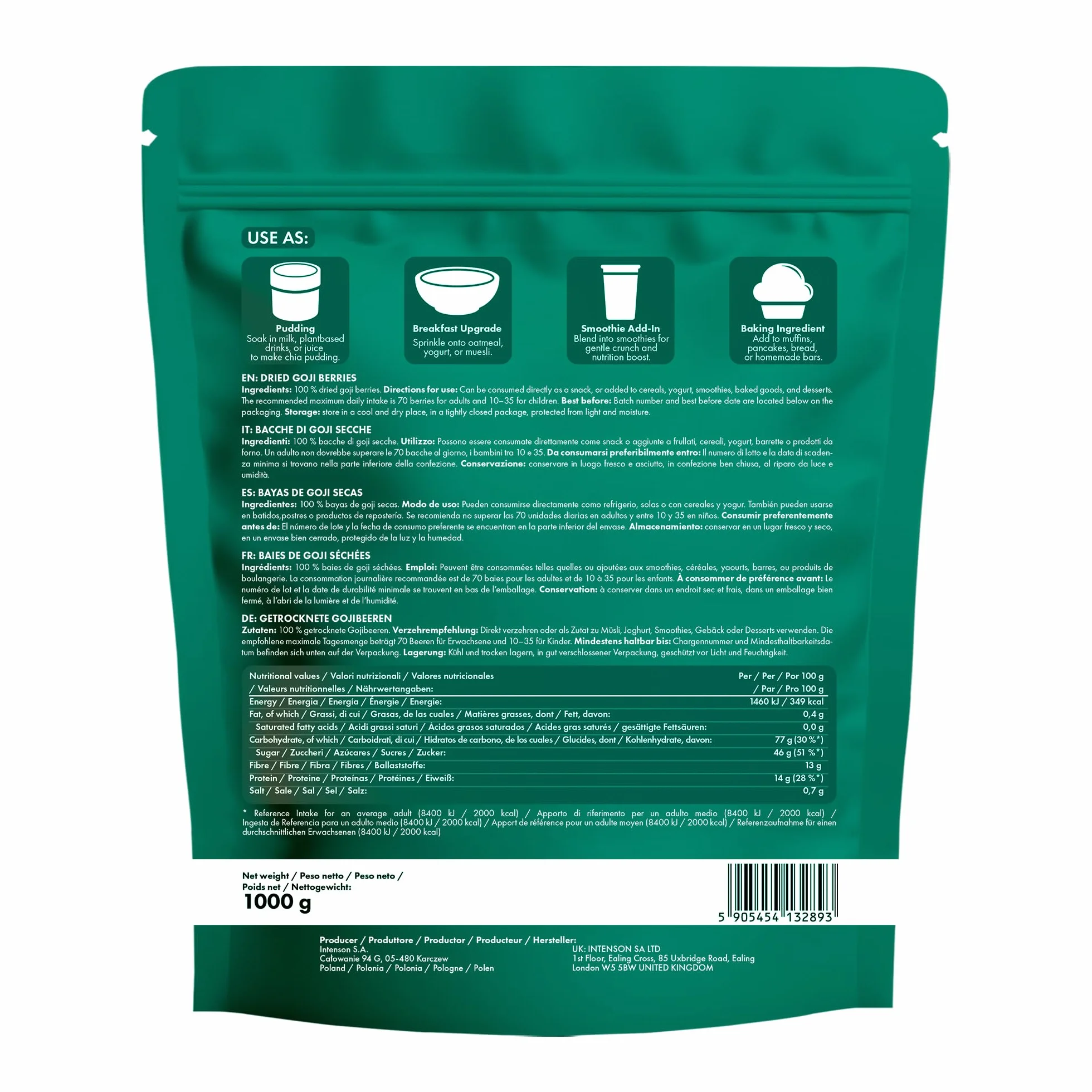 Intenson Baies de Goji Séchées, 1000 g, Super-aliment Naturellement Sucré, Riche en Fibres, Antioxydants et Protéines Végétales, Vegan, Sans Gluten, Sans Sucres Ajoutés