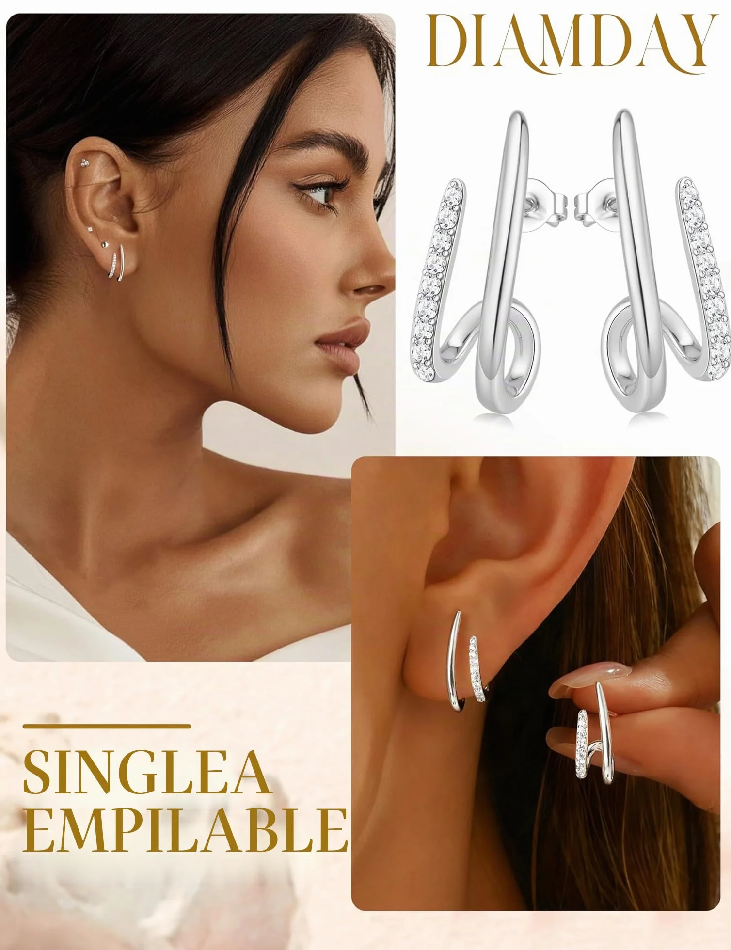 Boucles d'oreilles en argent 925 et zircons hypoallergéniques pour oreilles sensibles - Petites décoratives - Cadeau tendance