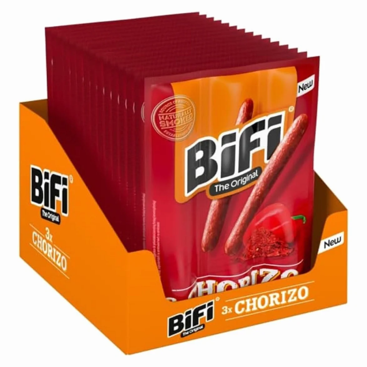 BiFi Chorizo Sticks - Lot de 48 (48 x 20 g) - Snack saucisse à emporter - Viande et saucisse séchées à l’air - Style chorizo au paprika, piment et ail - Boîte snack idéale