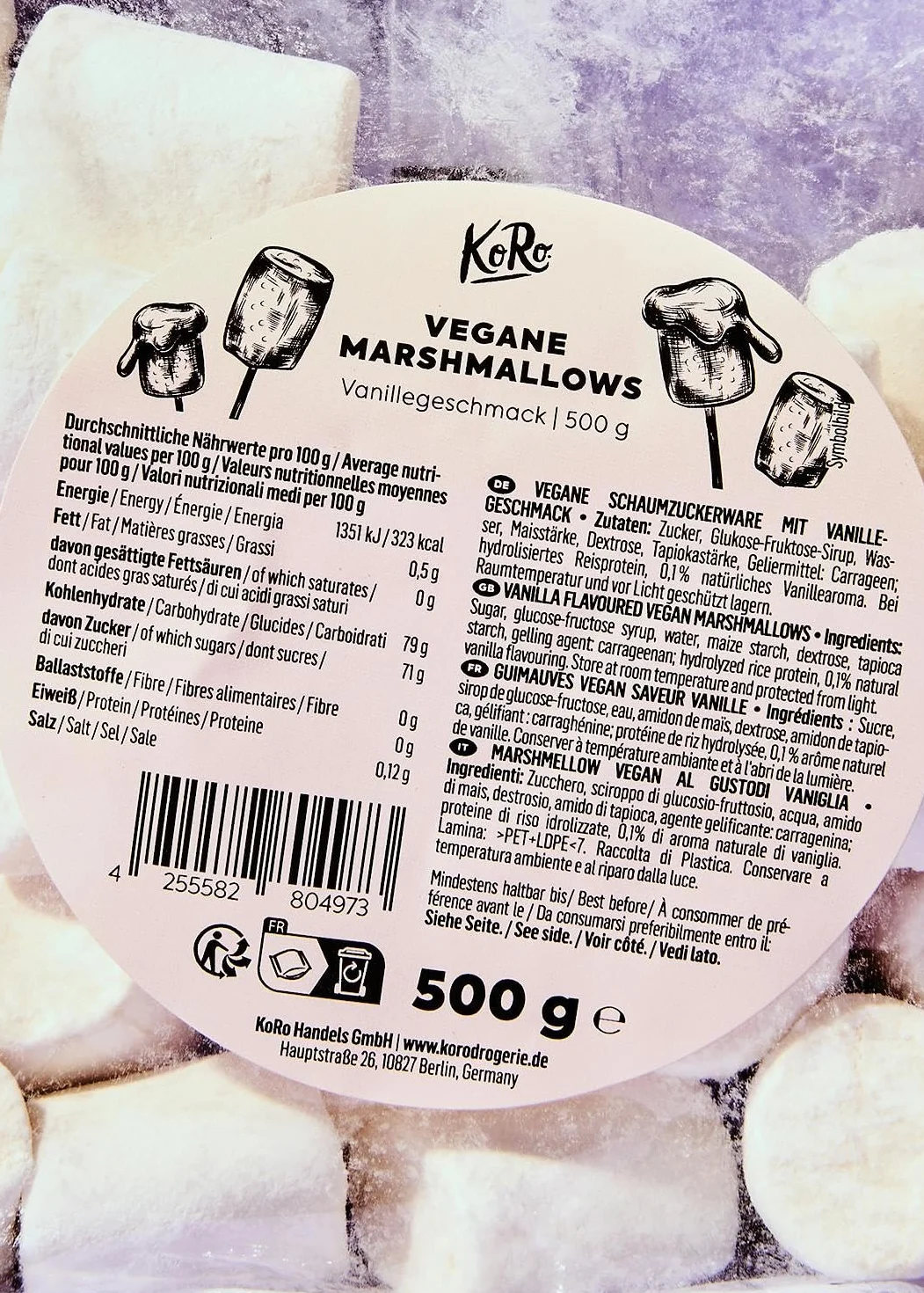 KoRo - Marshmallows Vegan 500g - Marshmallows Extra Larges - Douces et Sucrées - Vegan - Saveur Vanille Subtile