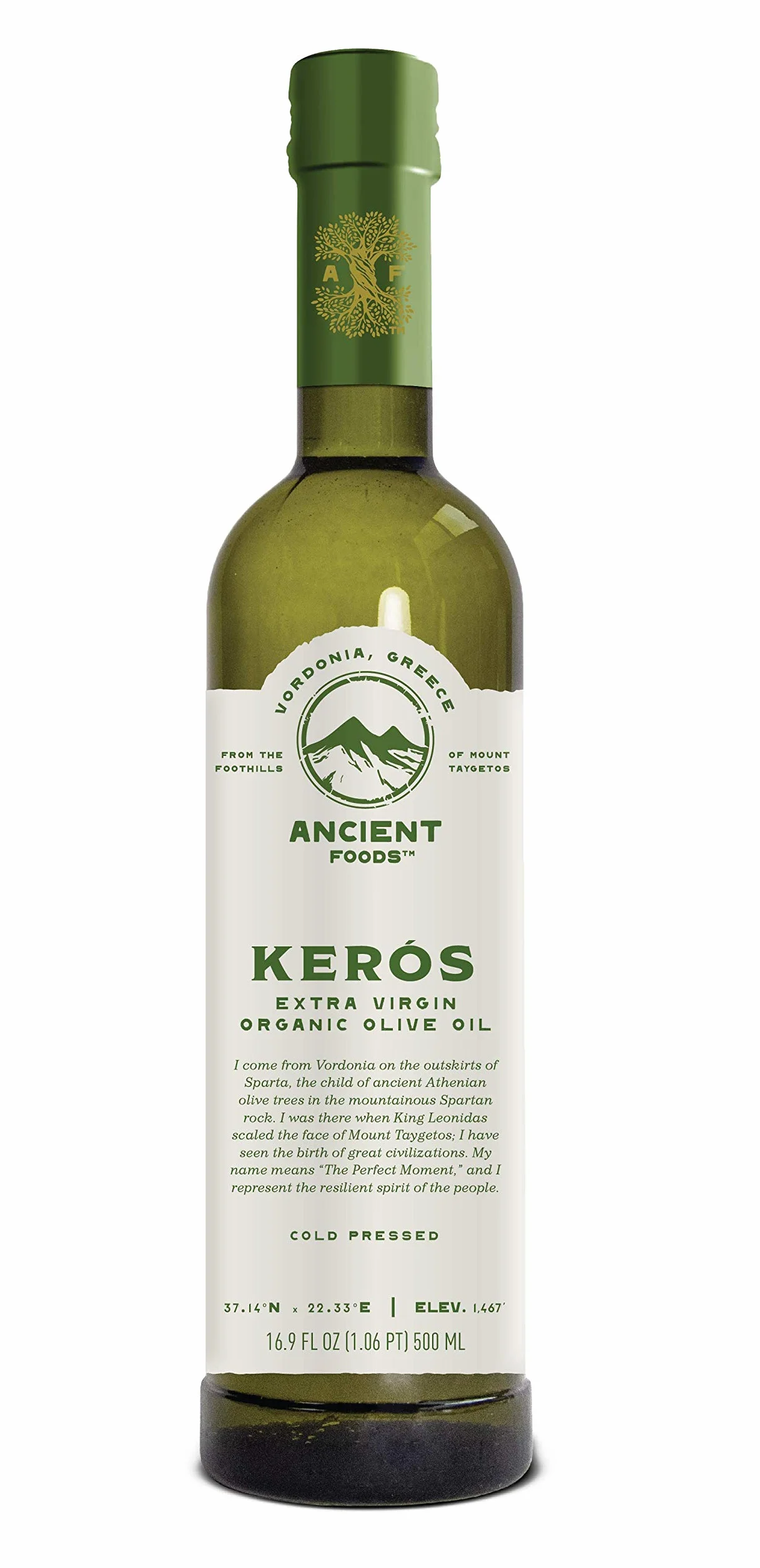 Ancient Foods BIO | Huile d'Olive Bio Kerós | pressée à froid | Huile d'olive grecque extra vierge | Riche en phénol | Arbres vieux de 1000 ans | Récolte manuelle traditionnelle | Bidon de 500ML