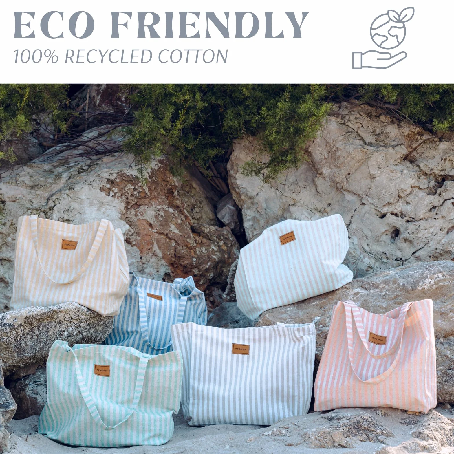 MOMOMUS Grand Sac de Plage Femme 100% Coton Recyclé Pochette Assortie Léger 60x40 cm