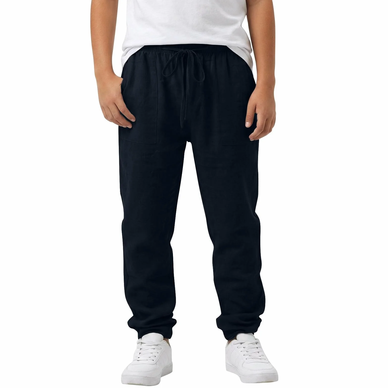 Pantalon en lin pour garçon long léger coupe ample été loisirs avec poches taille élastique